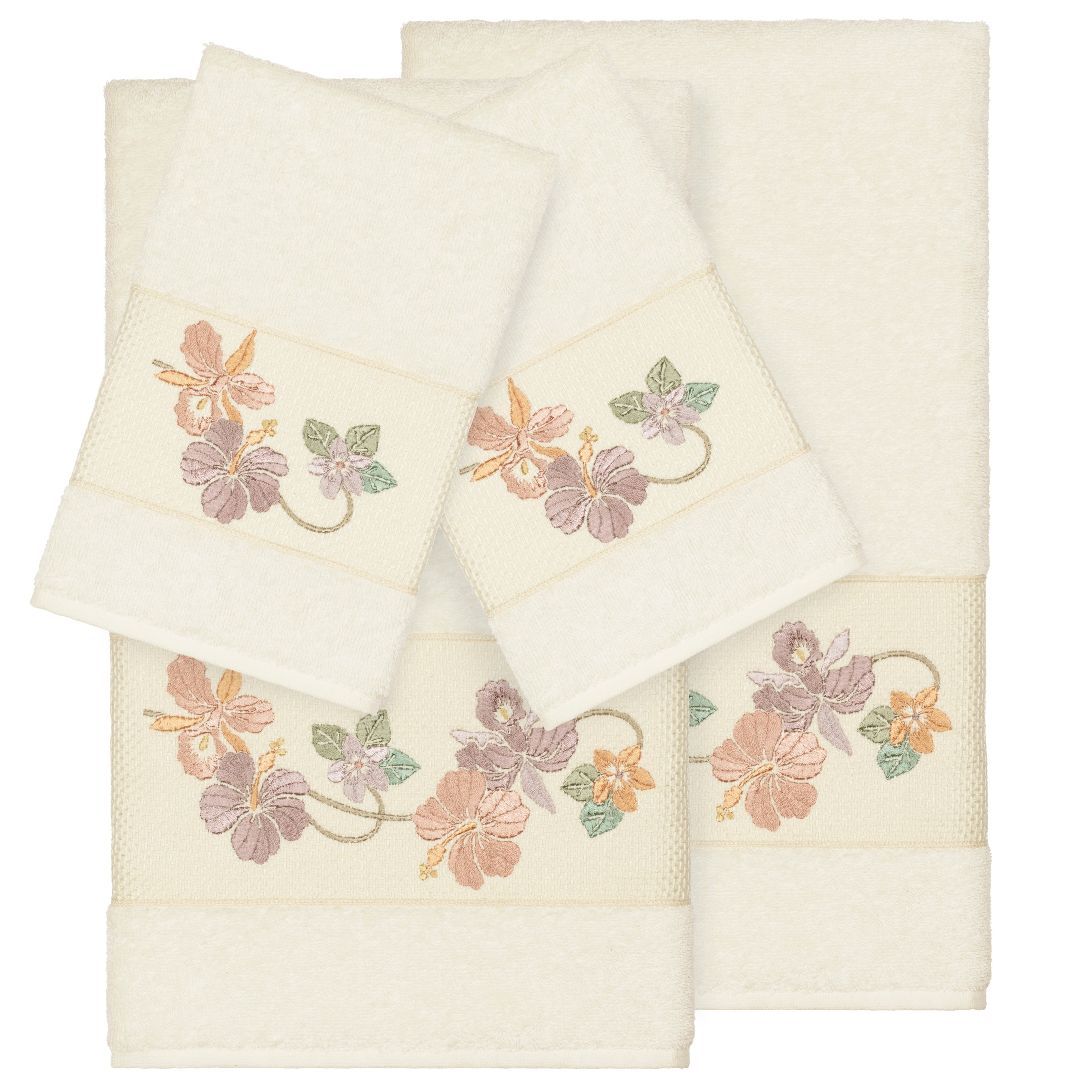 Authentic Hotel And Spa Turkish Cotton Floral Vine Embroidered Cream 4 Piece Towel Set