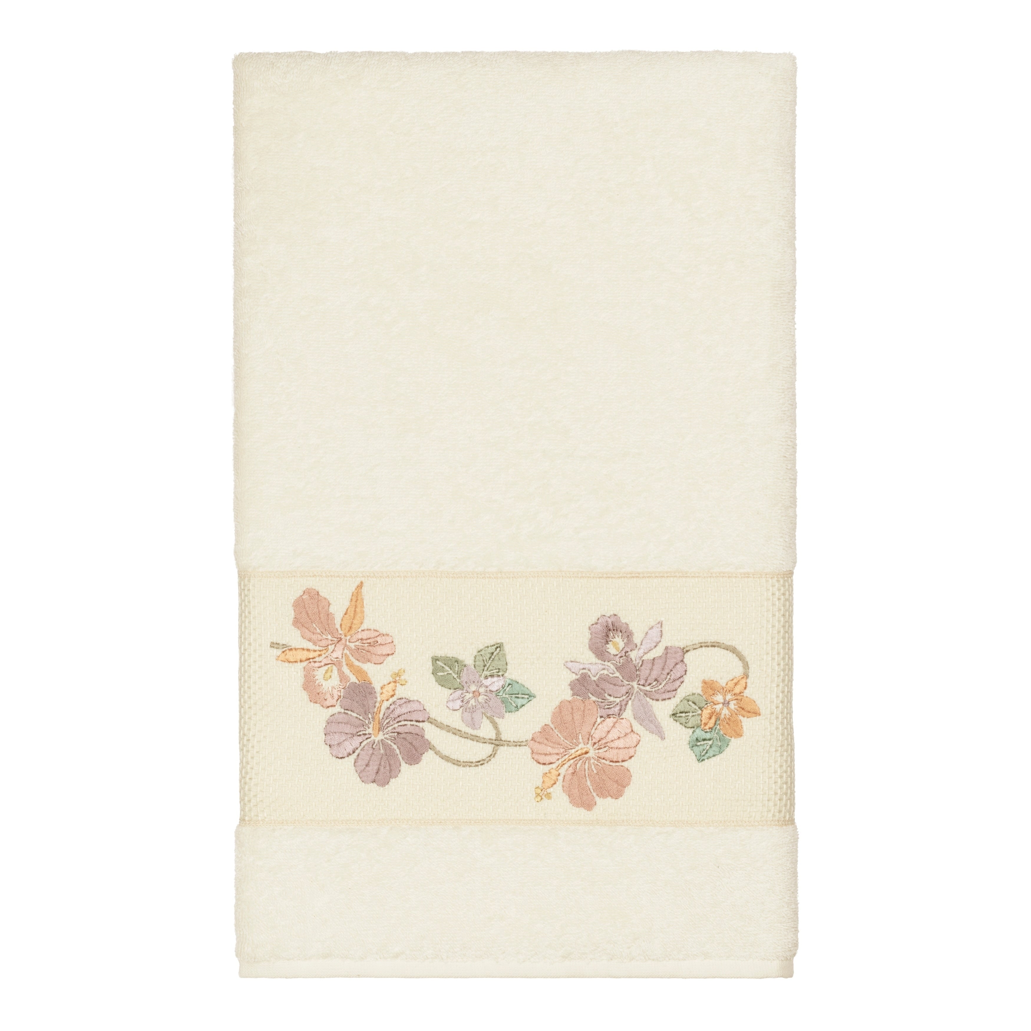 Authentic Hotel And Spa Turkish Cotton Floral Vine Embroidered Cream Bath Towel