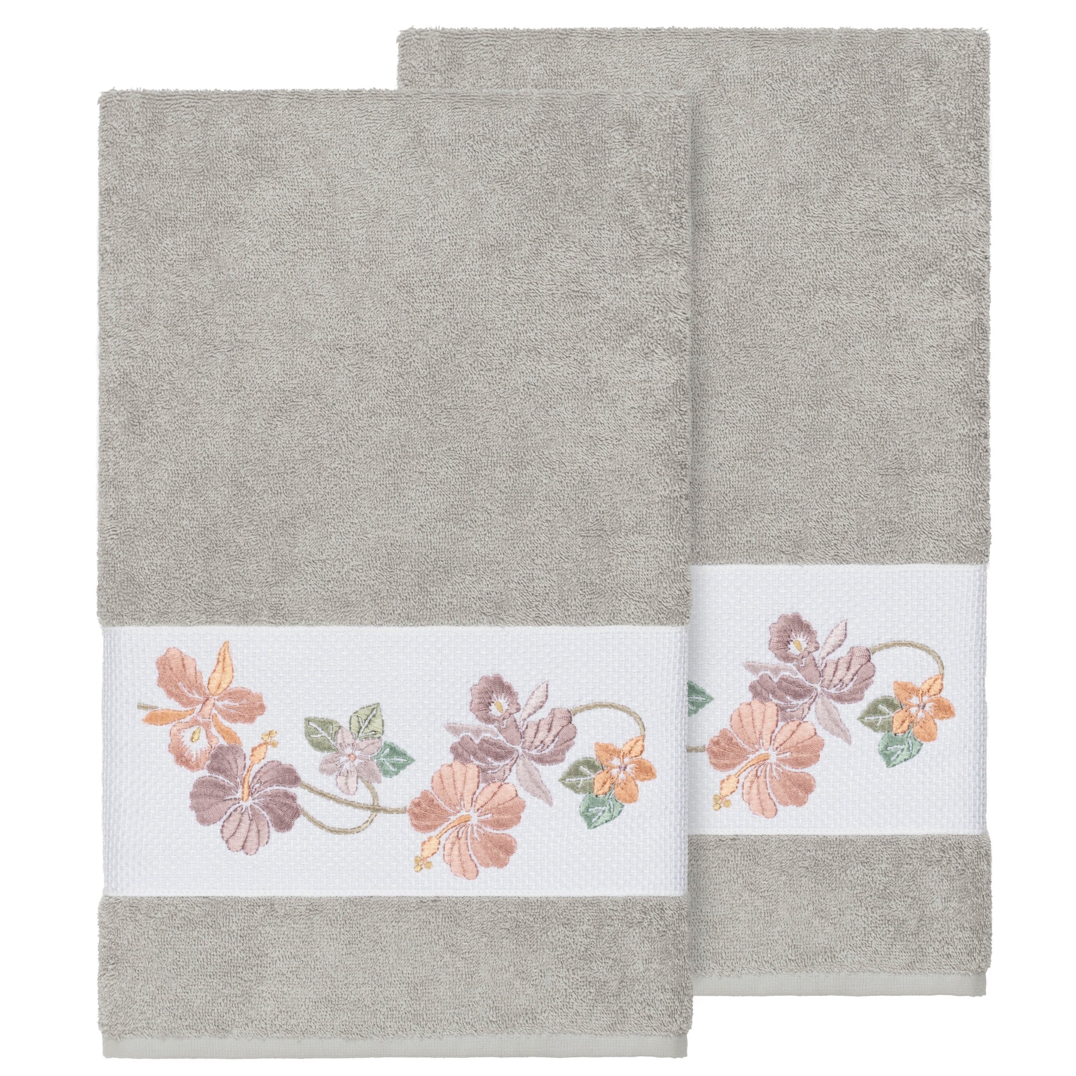 Authentic Hotel And Spa Turkish Cotton Floral Vine Embroidered Light Grey 2 Piece Bath Towel Set
