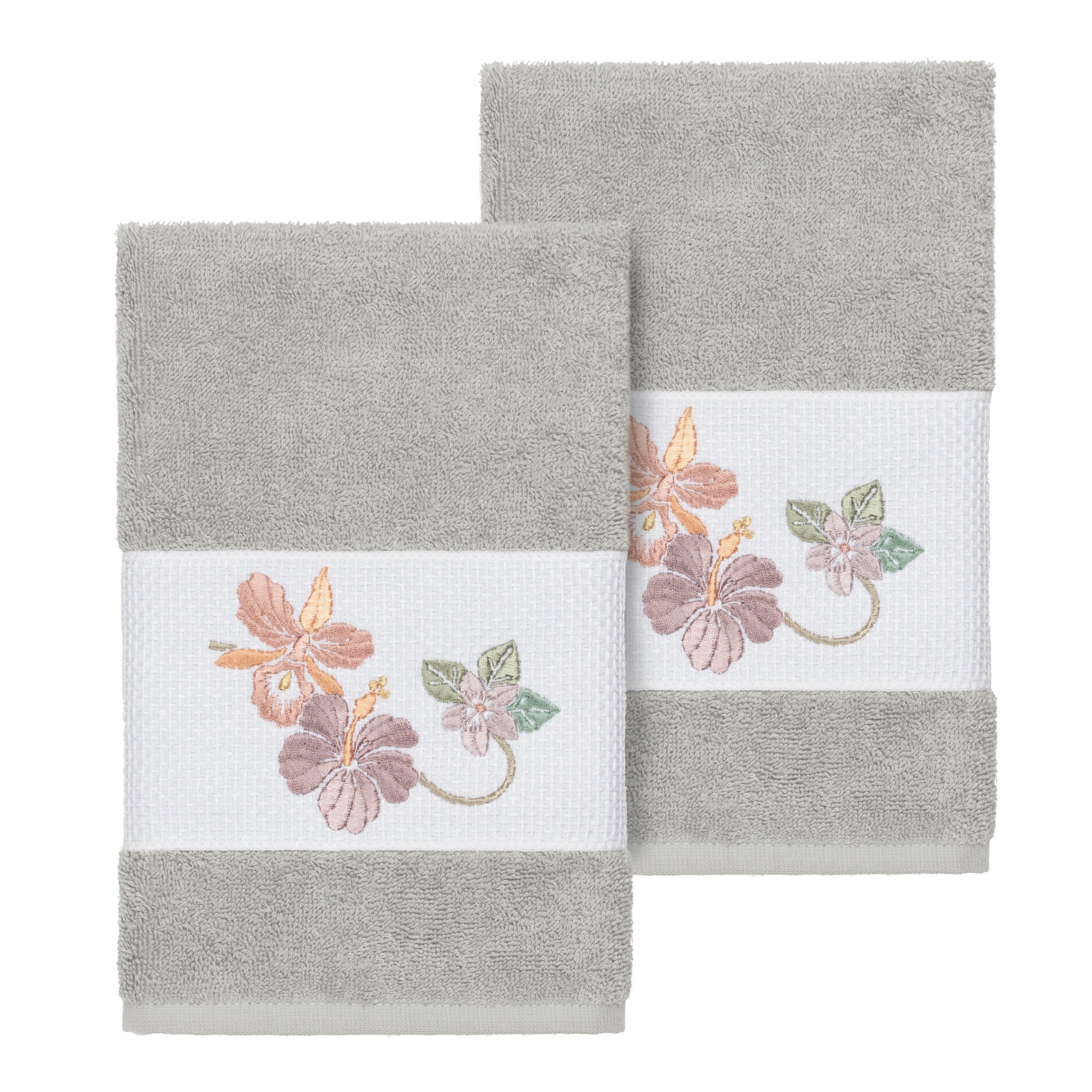 Authentic Hotel And Spa Turkish Cotton Floral Vine Embroidered Light Grey 2 Piece Towel Hand Set