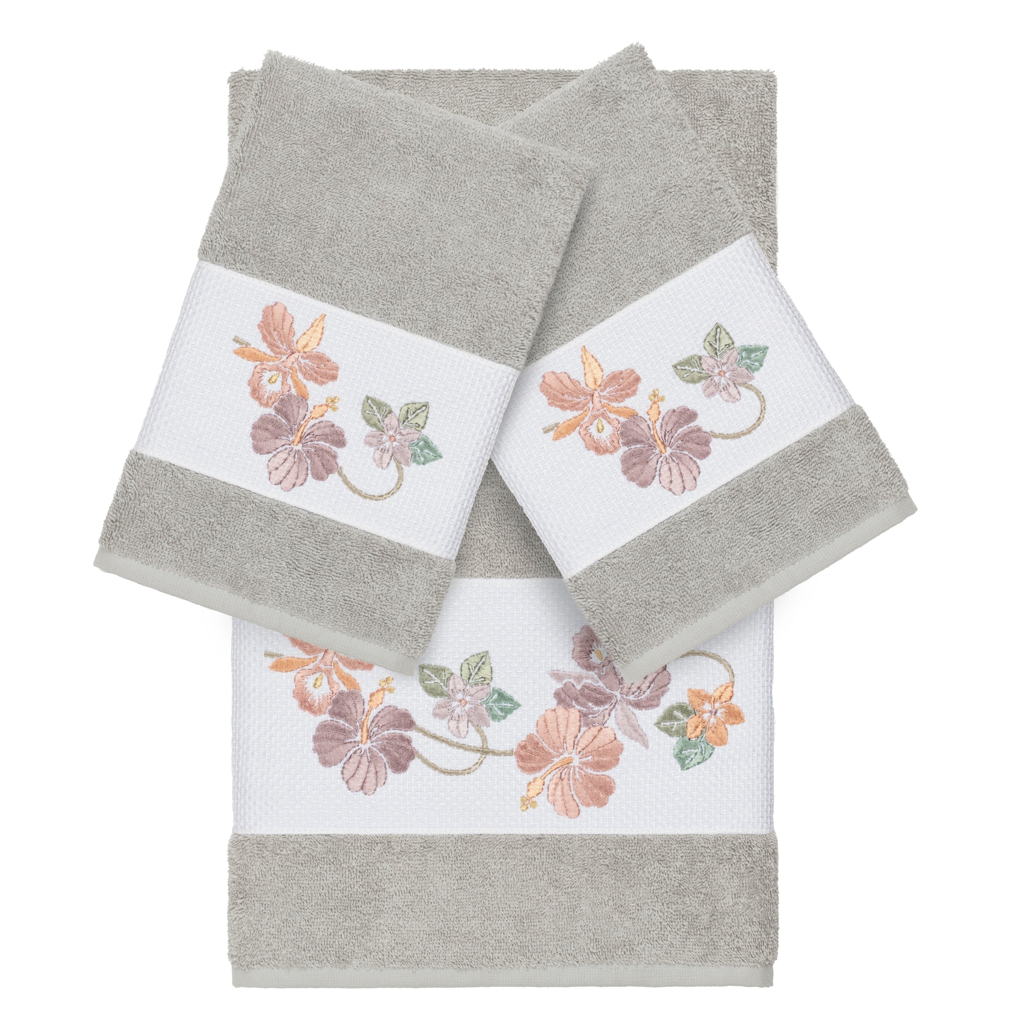 Authentic Hotel And Spa Turkish Cotton Floral Vine Embroidered Light Grey 3 Piece Towel Set
