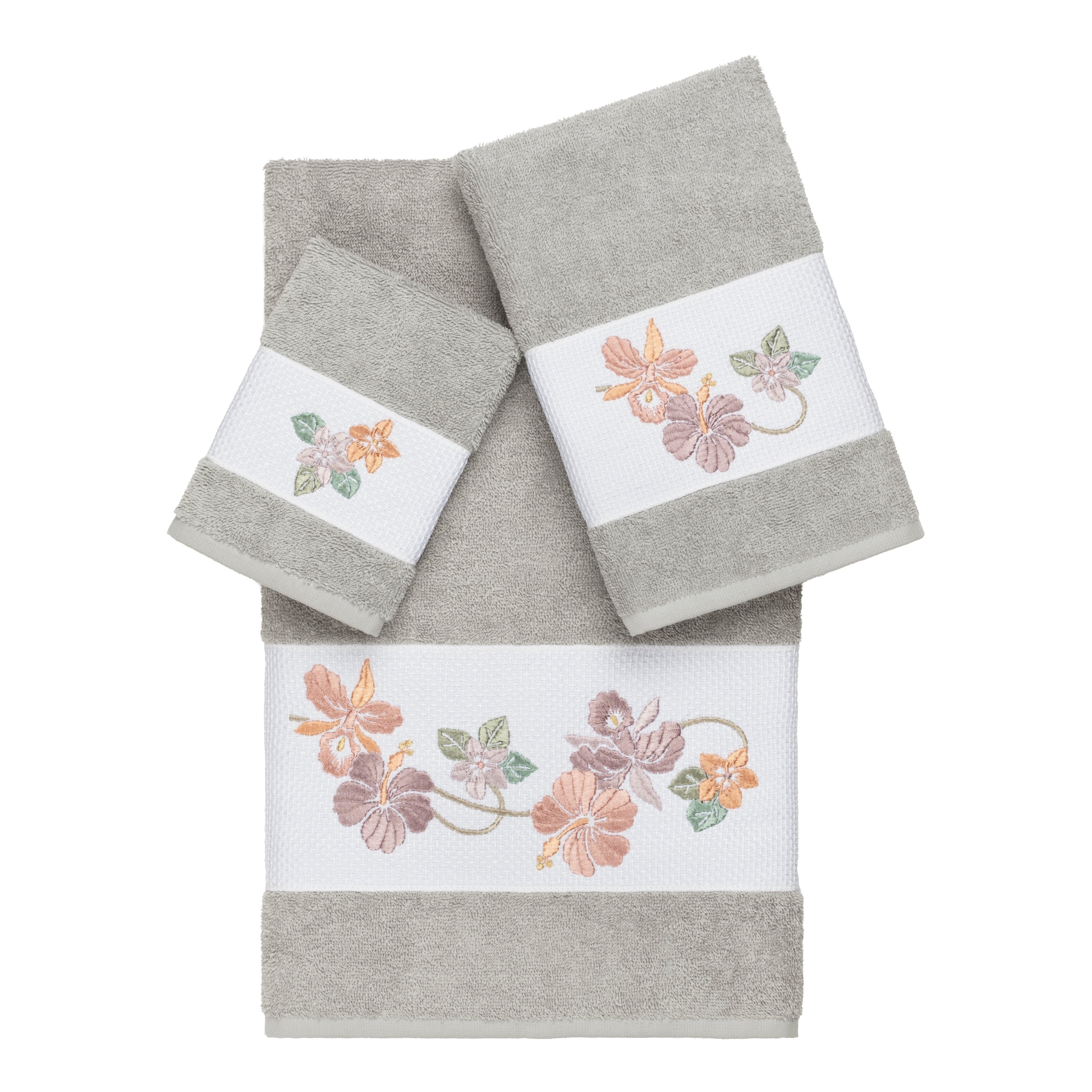 Authentic Hotel And Spa Turkish Cotton Floral Vine Embroidered Light Grey 3 Piece Towel Set