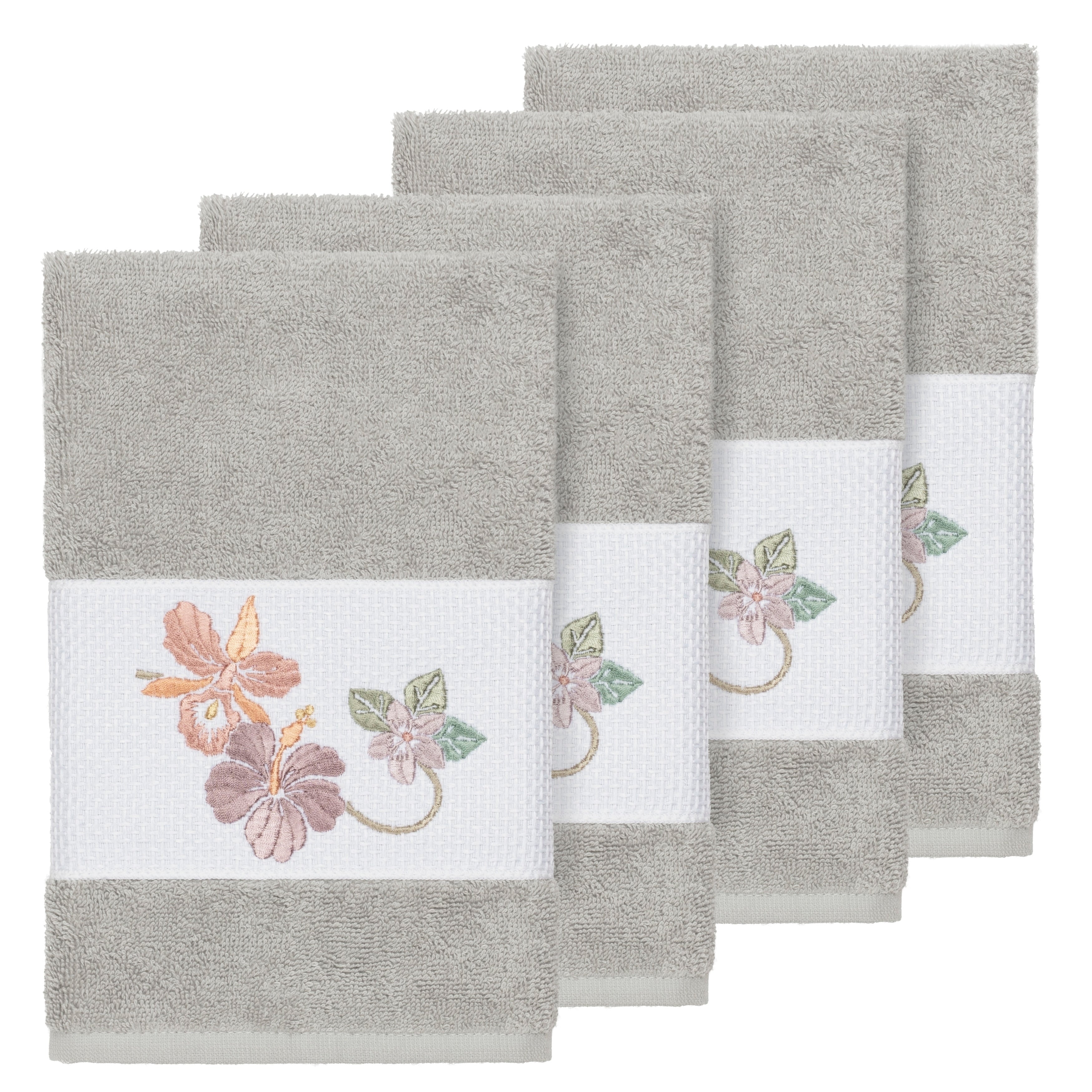 Authentic Hotel And Spa Turkish Cotton Floral Vine Embroidered Light Grey 4 Piece Hand Towel Set