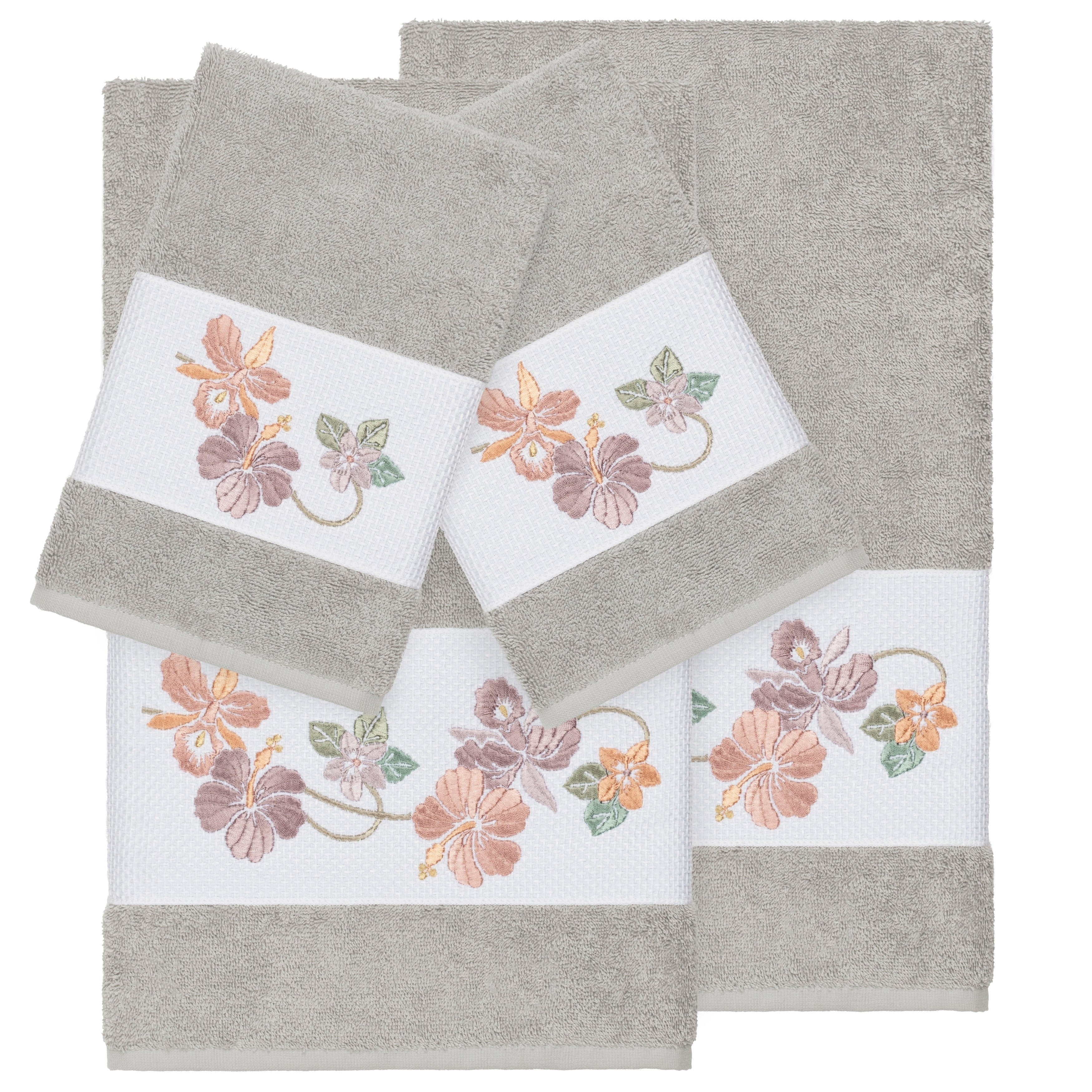 Authentic Hotel And Spa Turkish Cotton Floral Vine Embroidered Light Grey 4 Piece Towel Set