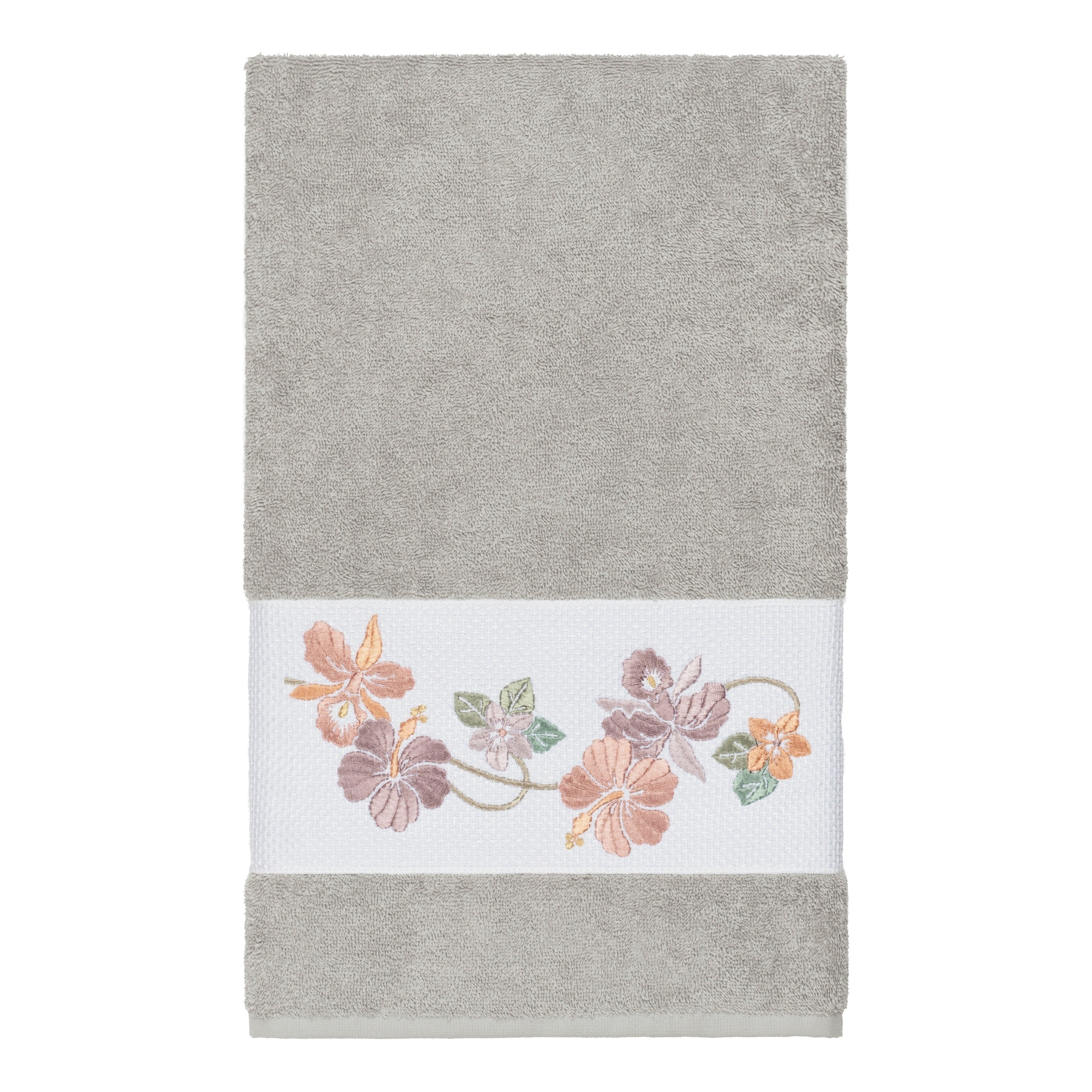 Authentic Hotel And Spa Turkish Cotton Floral Vine Embroidered Light Grey Bath Towel