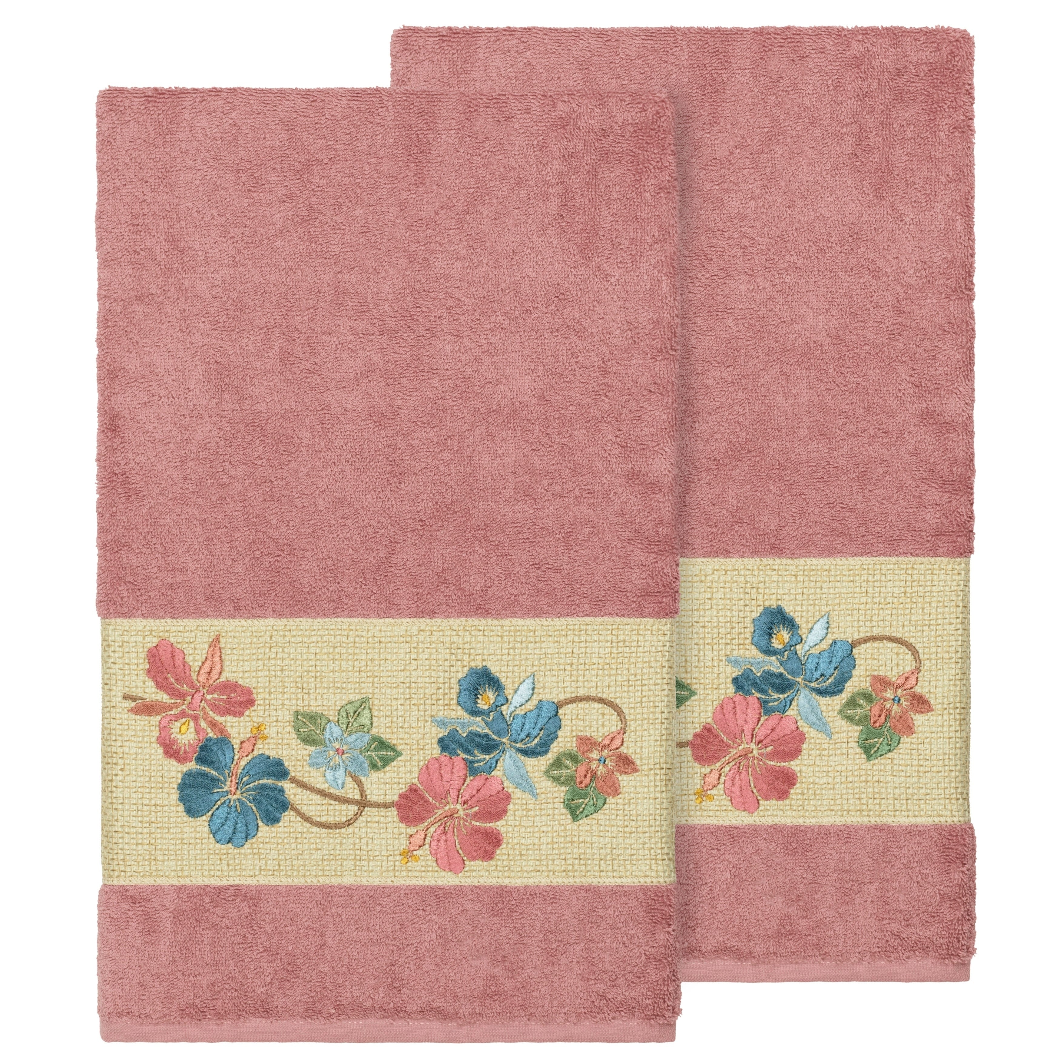 Authentic Hotel And Spa Turkish Cotton Floral Vine Embroidered Tea Rose 2 Piece Bath Towel Set