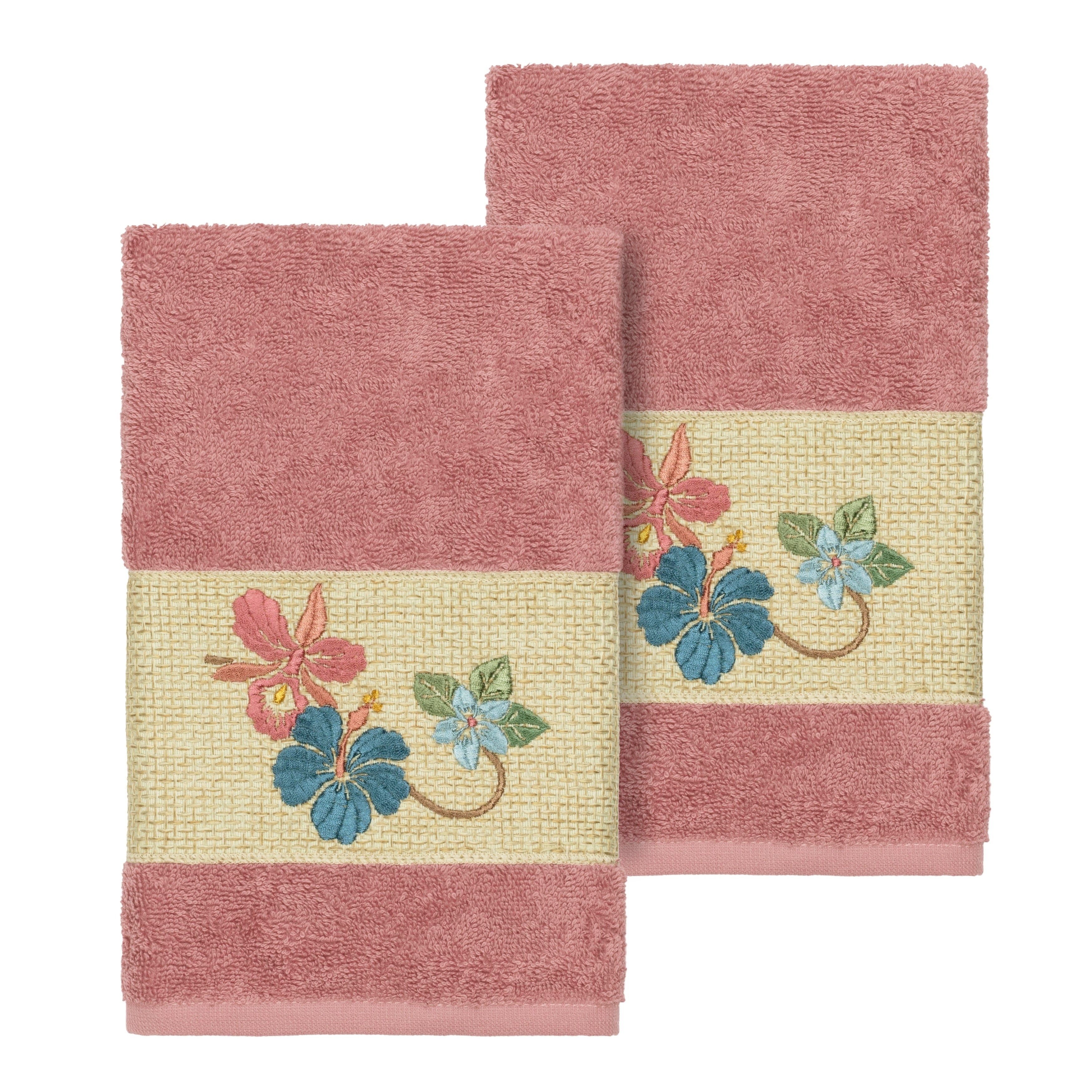 Authentic Hotel And Spa Turkish Cotton Floral Vine Embroidered Tea Rose 2 Piece Towel Hand Set