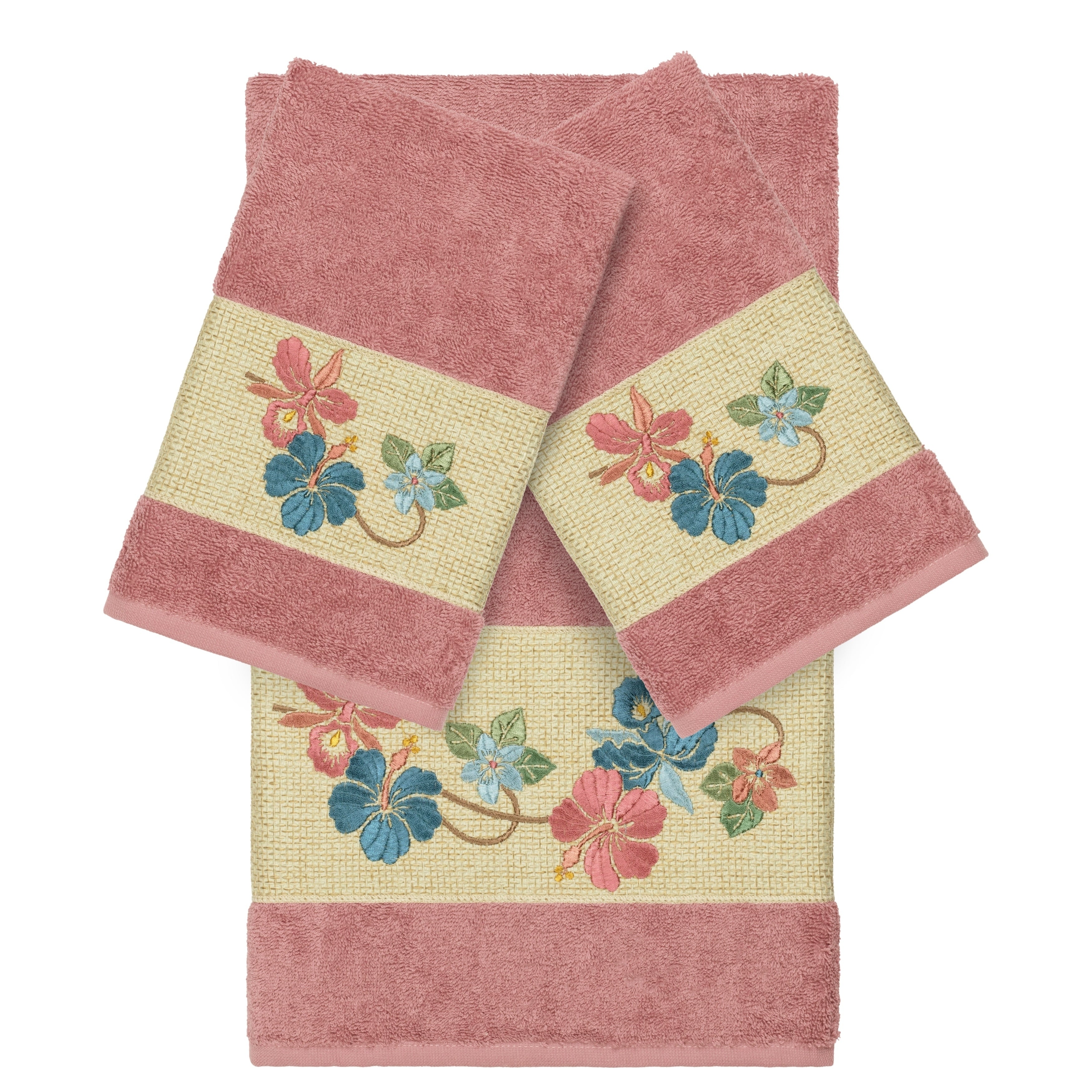 Authentic Hotel And Spa Turkish Cotton Floral Vine Embroidered Tea Rose 3 Piece Towel Set
