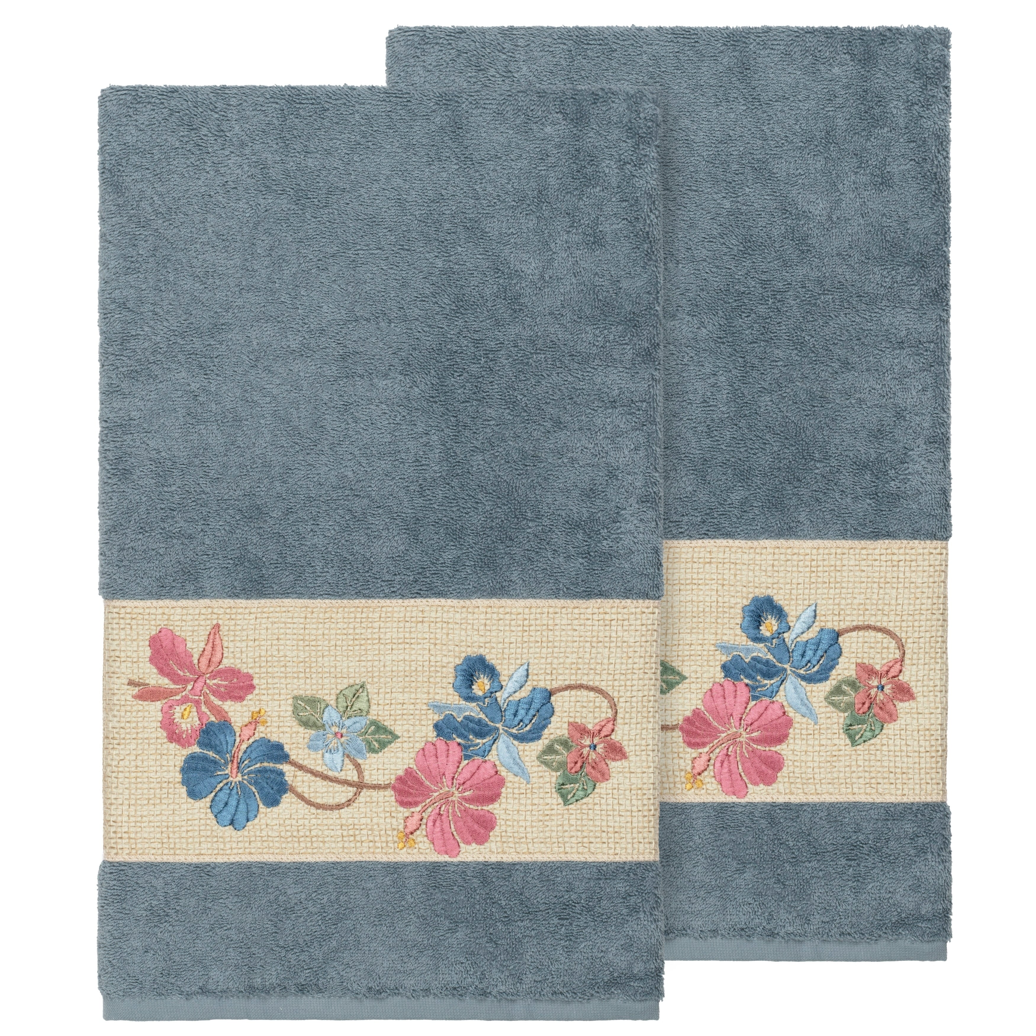 Authentic Hotel And Spa Turkish Cotton Floral Vine Embroidered Teal Blue 2 Piece Bath Towel Set