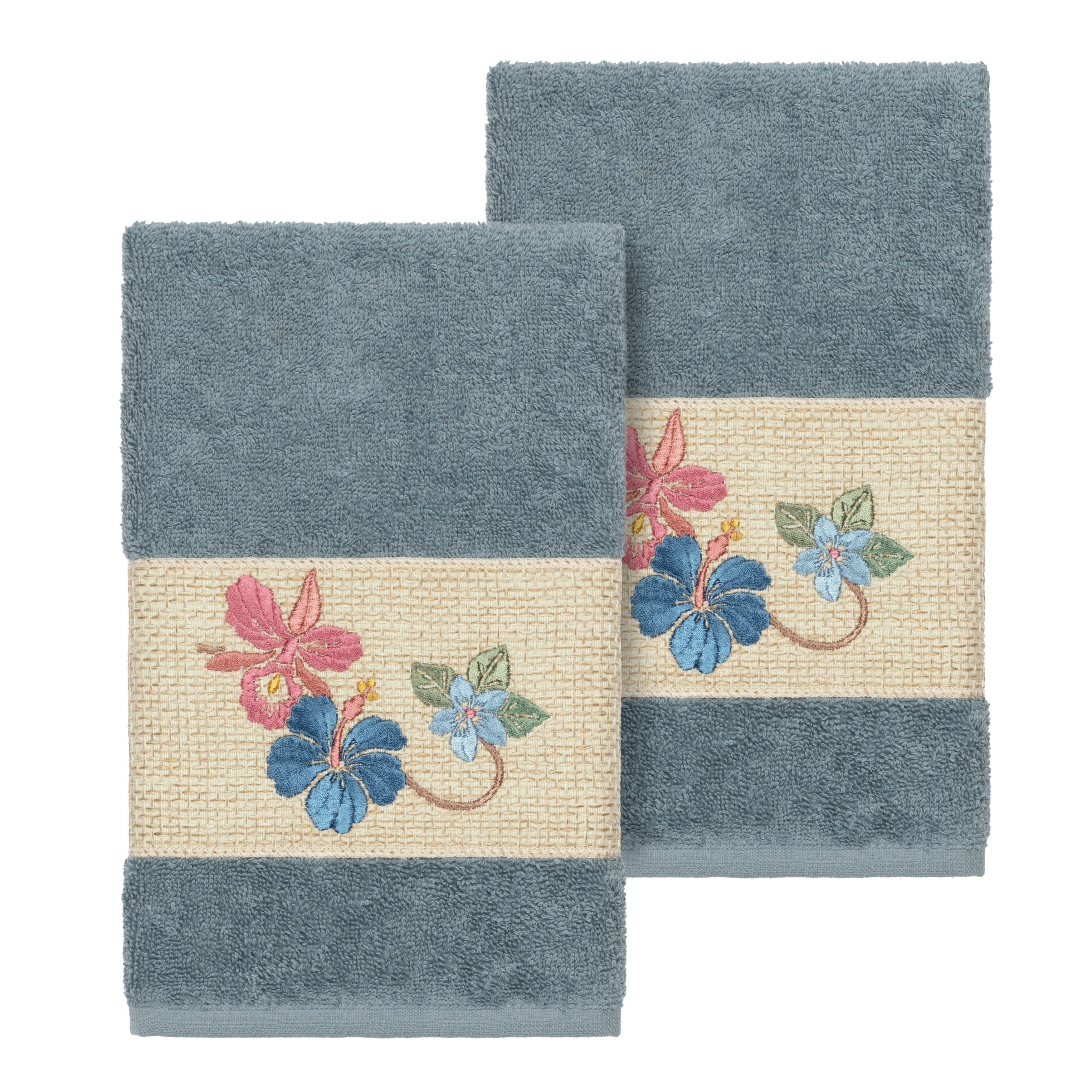 Authentic Hotel And Spa Turkish Cotton Floral Vine Embroidered Teal Blue 2 Piece Towel Hand Set