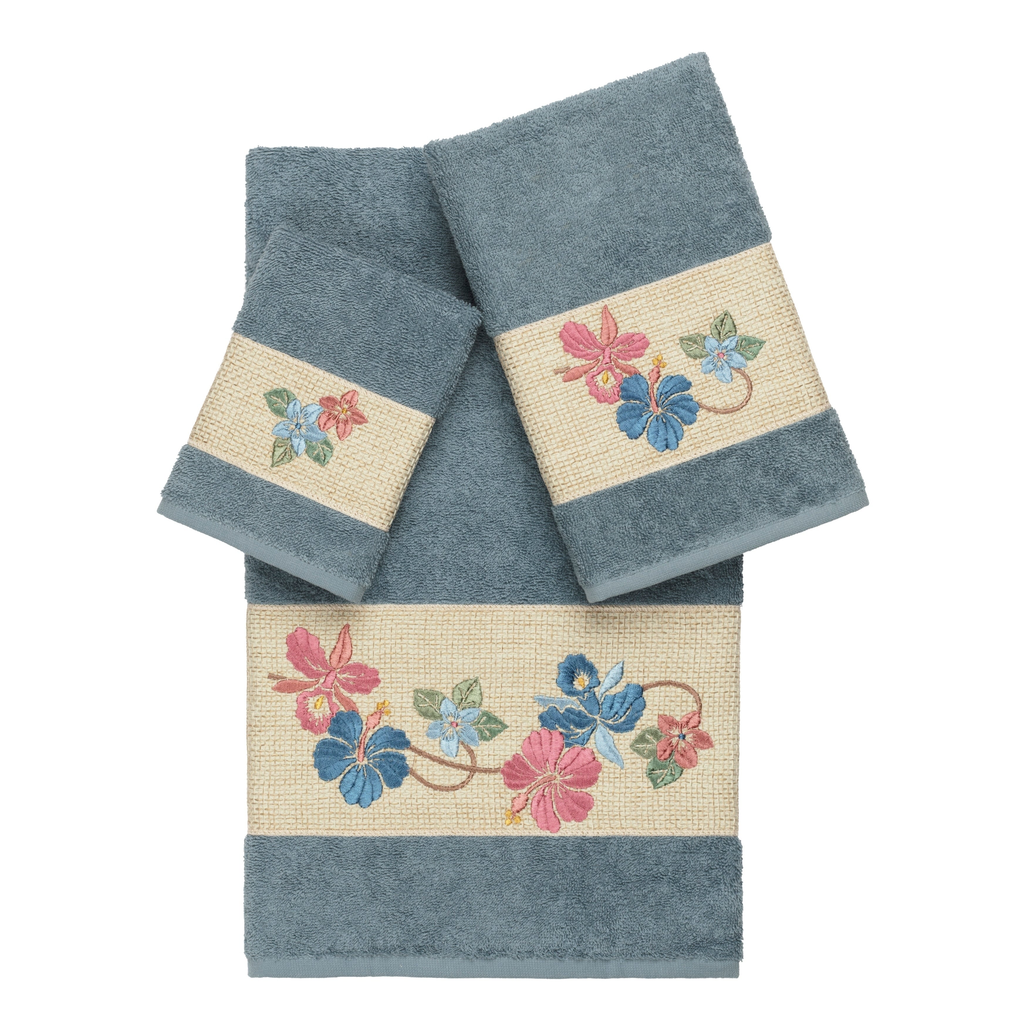 Authentic Hotel And Spa Turkish Cotton Floral Vine Embroidered Teal Blue 3 Piece Towel Set