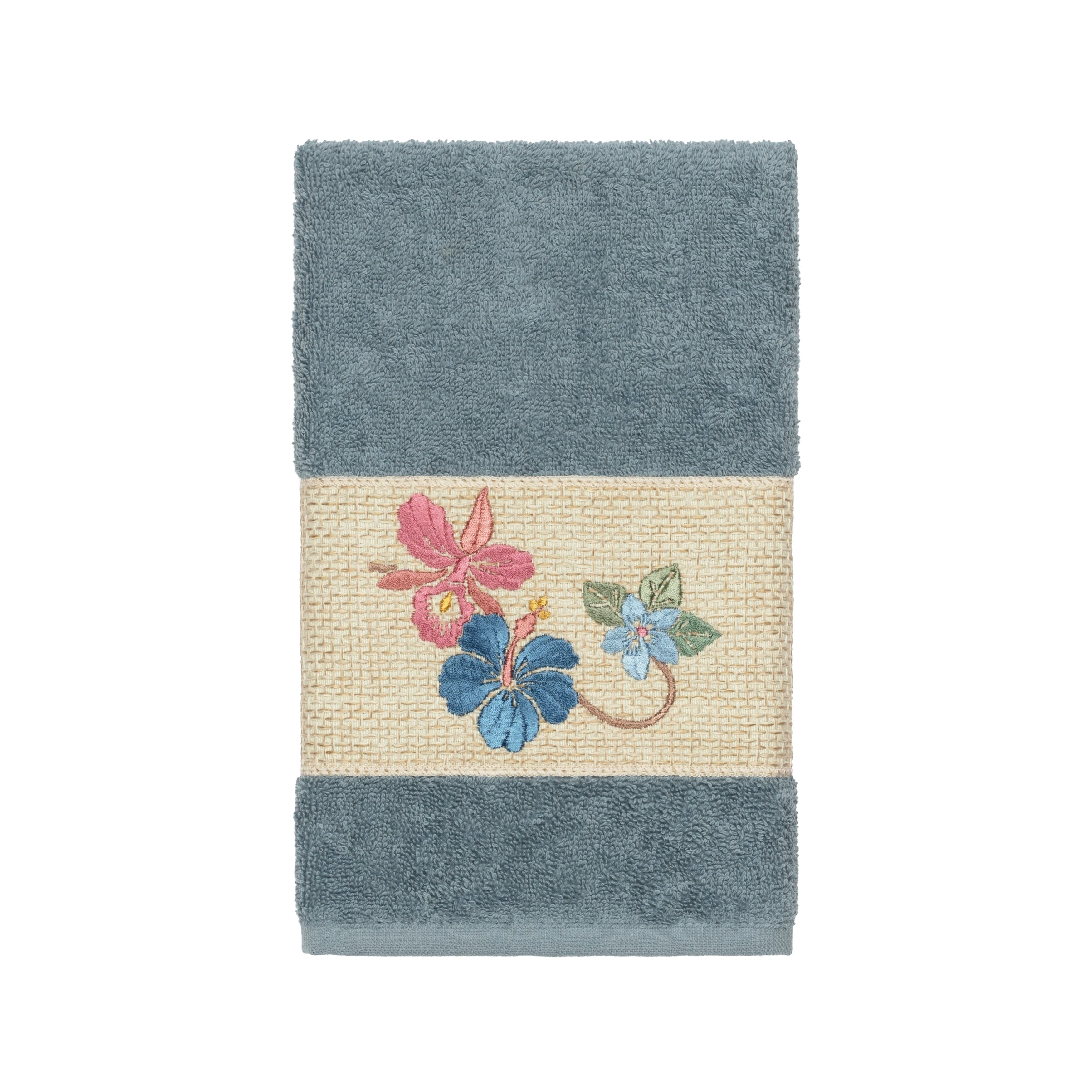 Authentic Hotel And Spa Turkish Cotton Floral Vine Embroidered Teal Blue Hand Towel