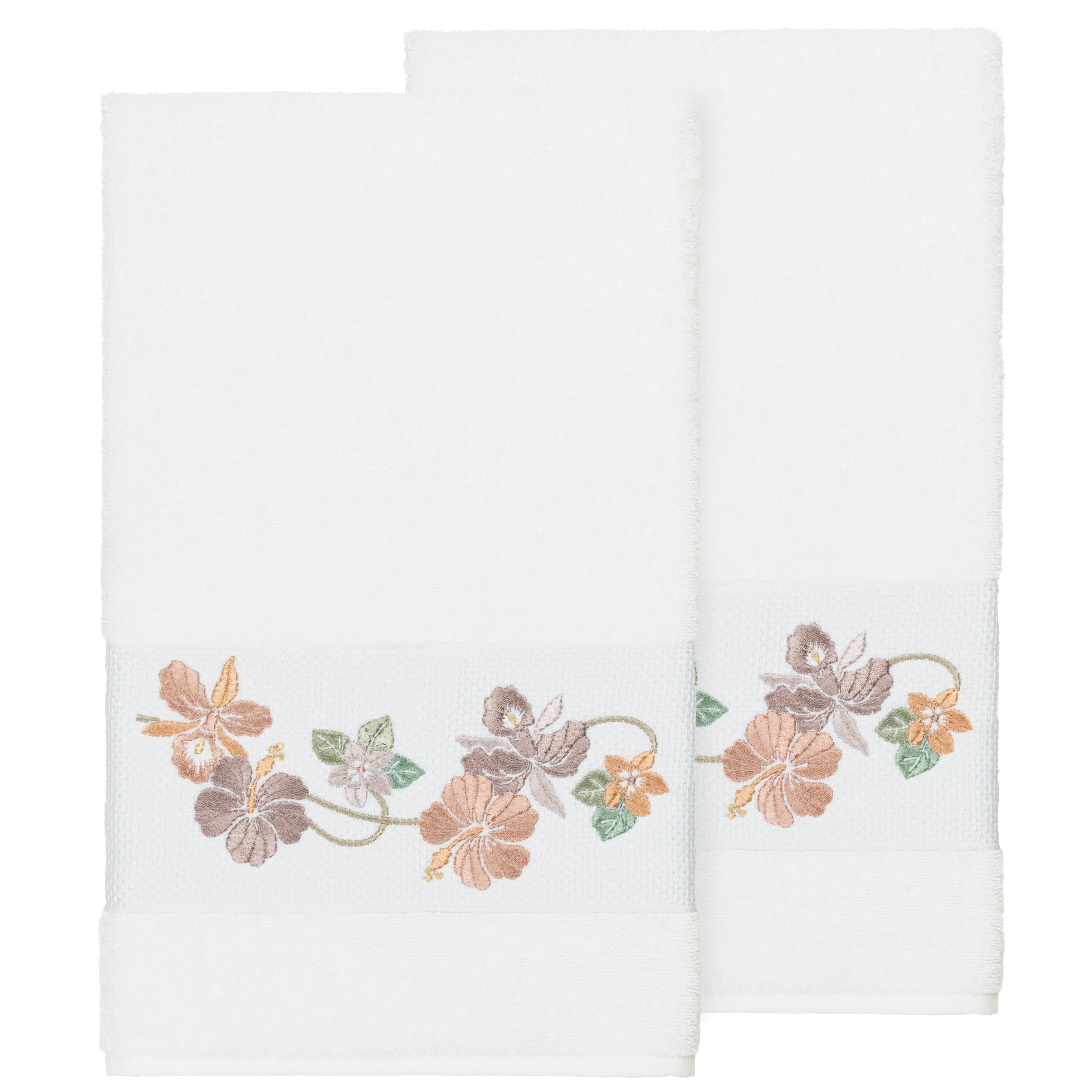 Authentic Hotel And Spa Turkish Cotton Floral Vine Embroidered White 2 Piece Bath Towel Set