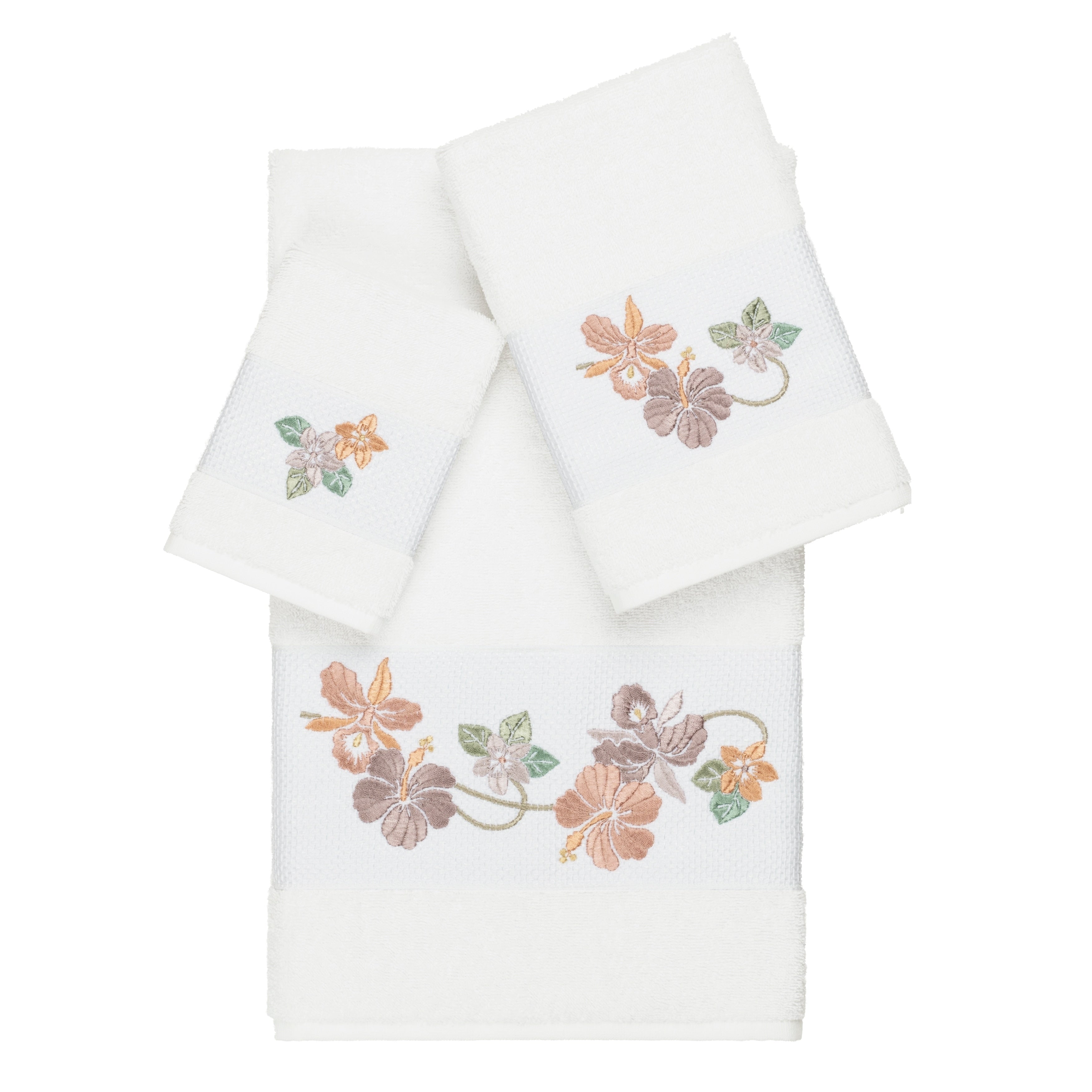Authentic Hotel And Spa Turkish Cotton Floral Vine Embroidered White 3 Piece Towel Set