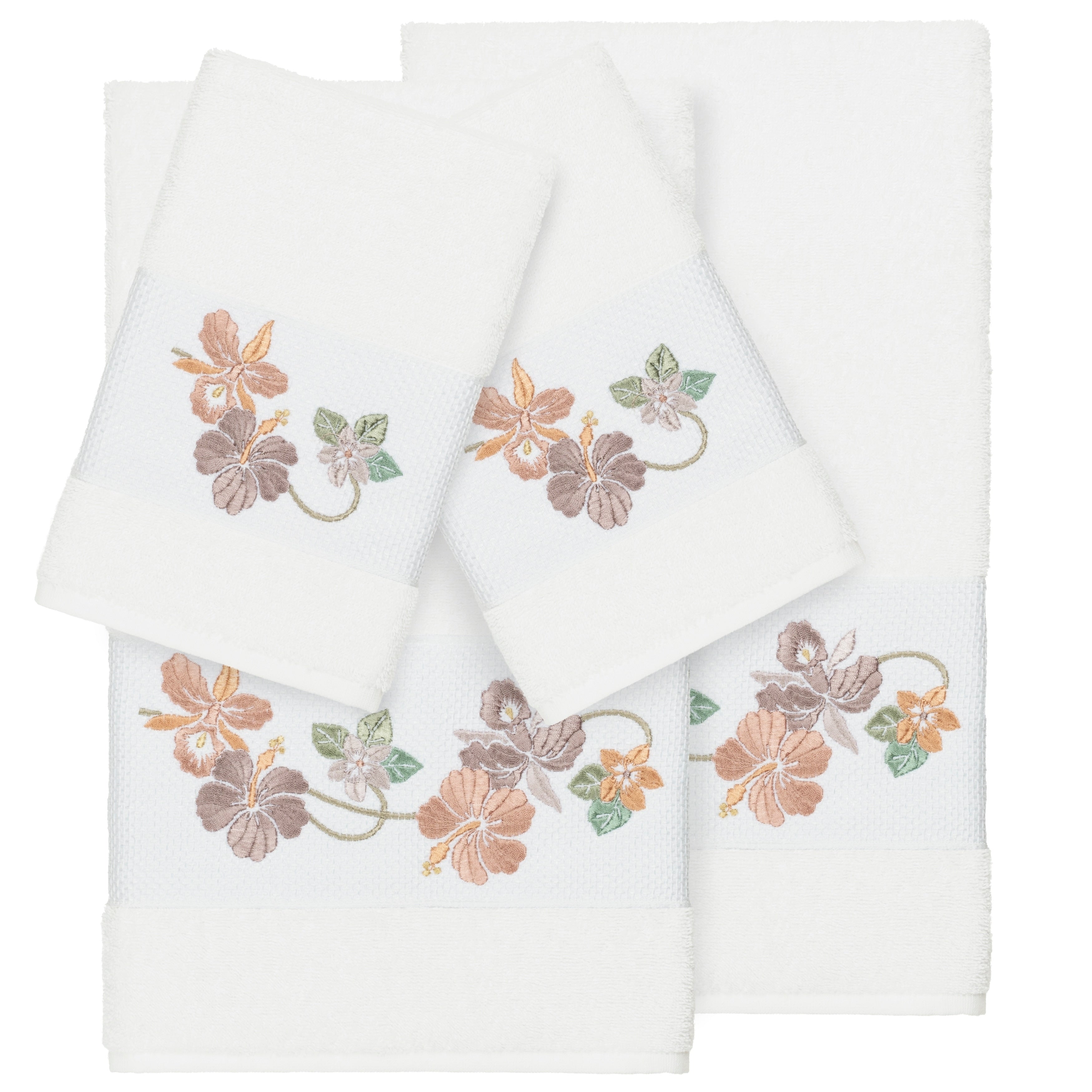 Authentic Hotel And Spa Turkish Cotton Floral Vine Embroidered White 4 Piece Towel Set