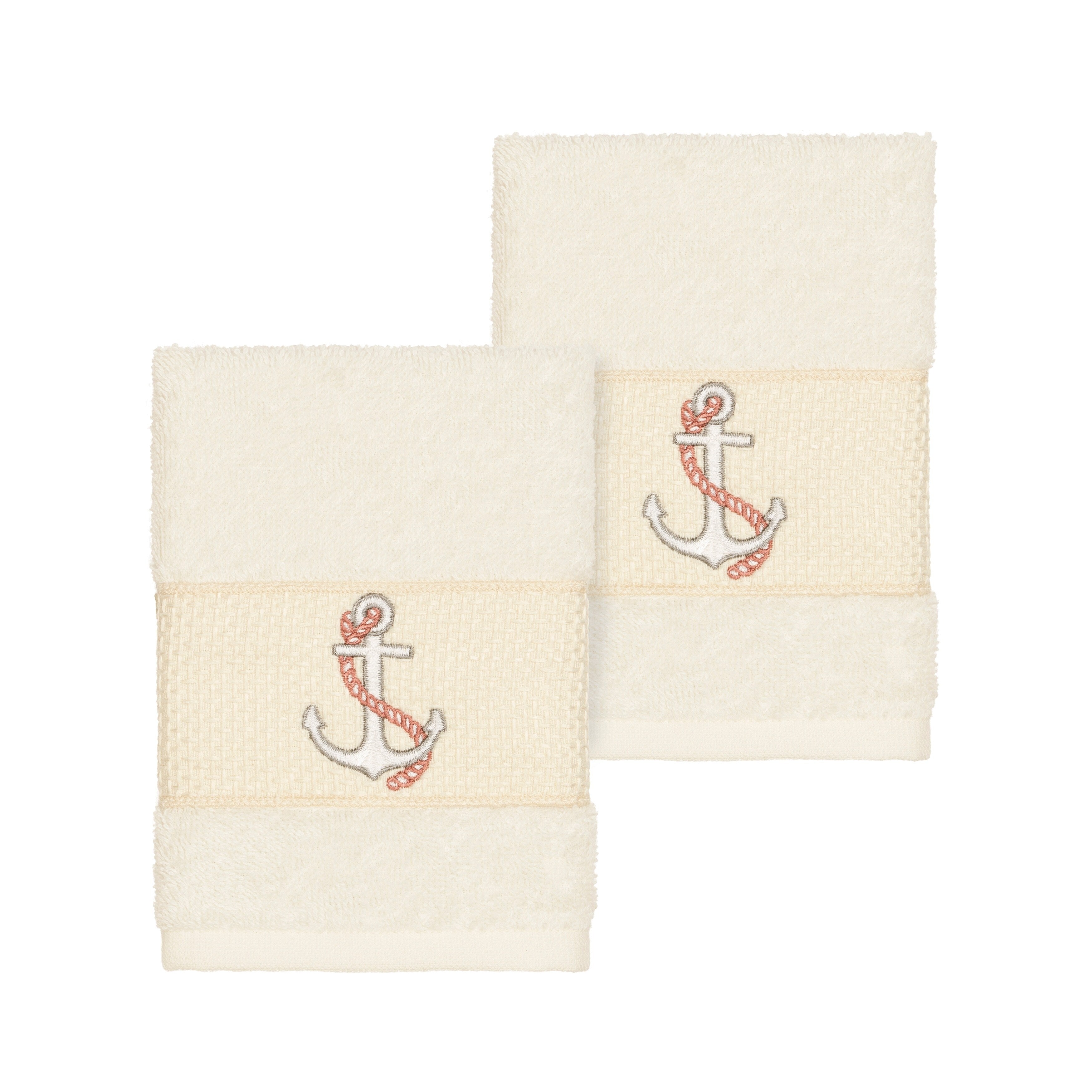 Authentic Hotel And Spa Turkish Cotton Nautical Embroidered Cream 2 Piece Washcloth Set