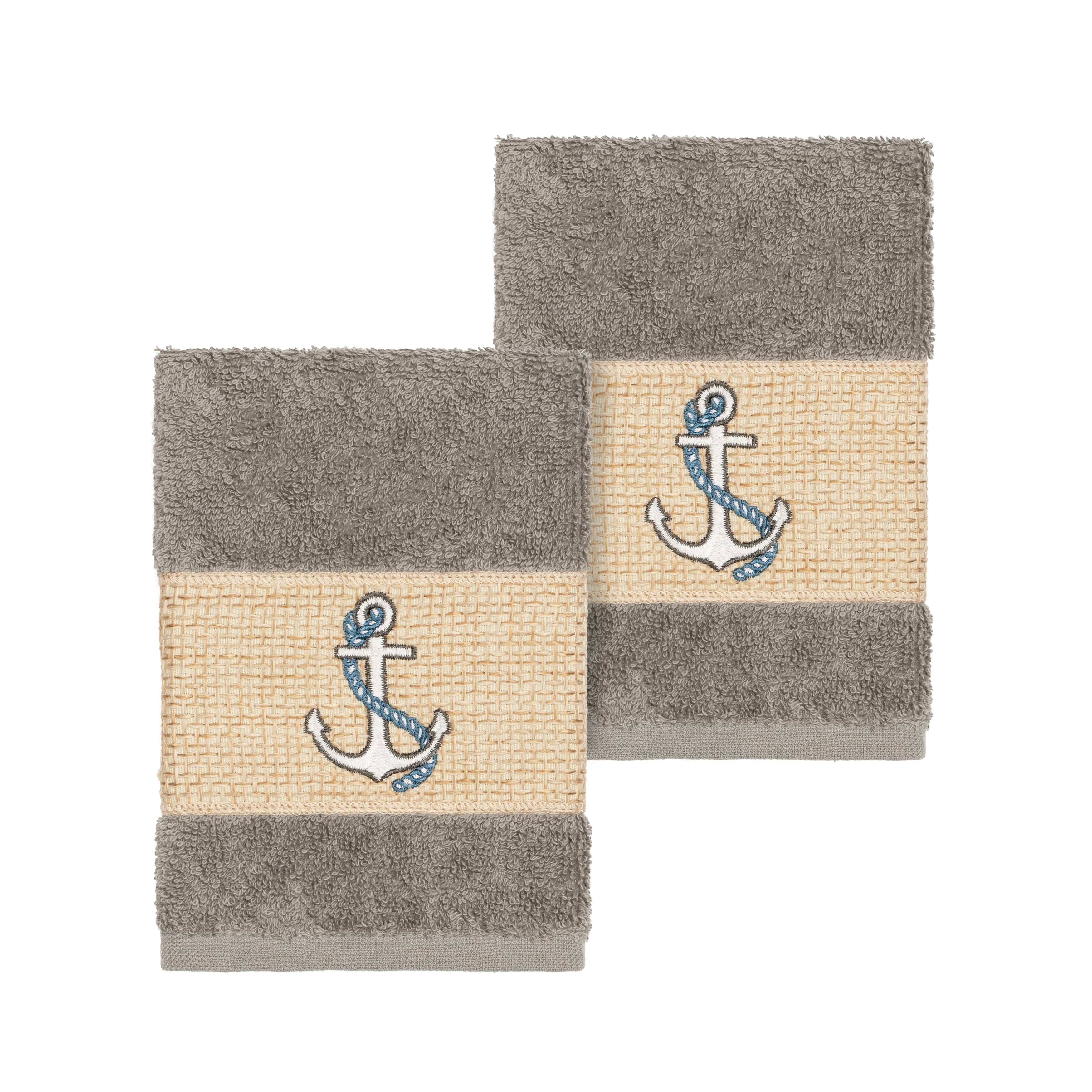 Authentic Hotel And Spa Turkish Cotton Nautical Embroidered Dark Grey 2 Piece Washcloth Set