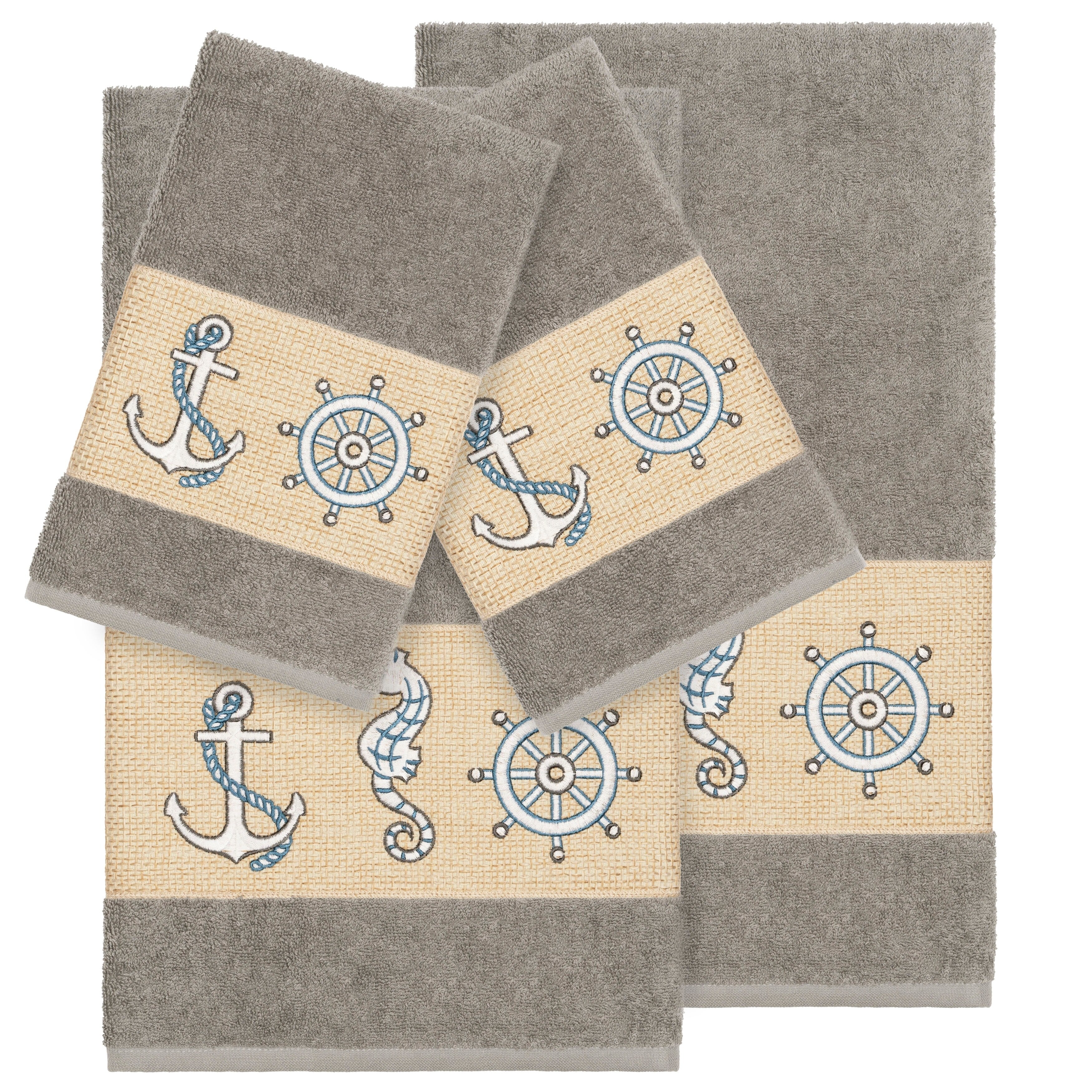 Authentic Hotel And Spa Turkish Cotton Nautical Embroidered Dark Grey 4 Piece Towel Set