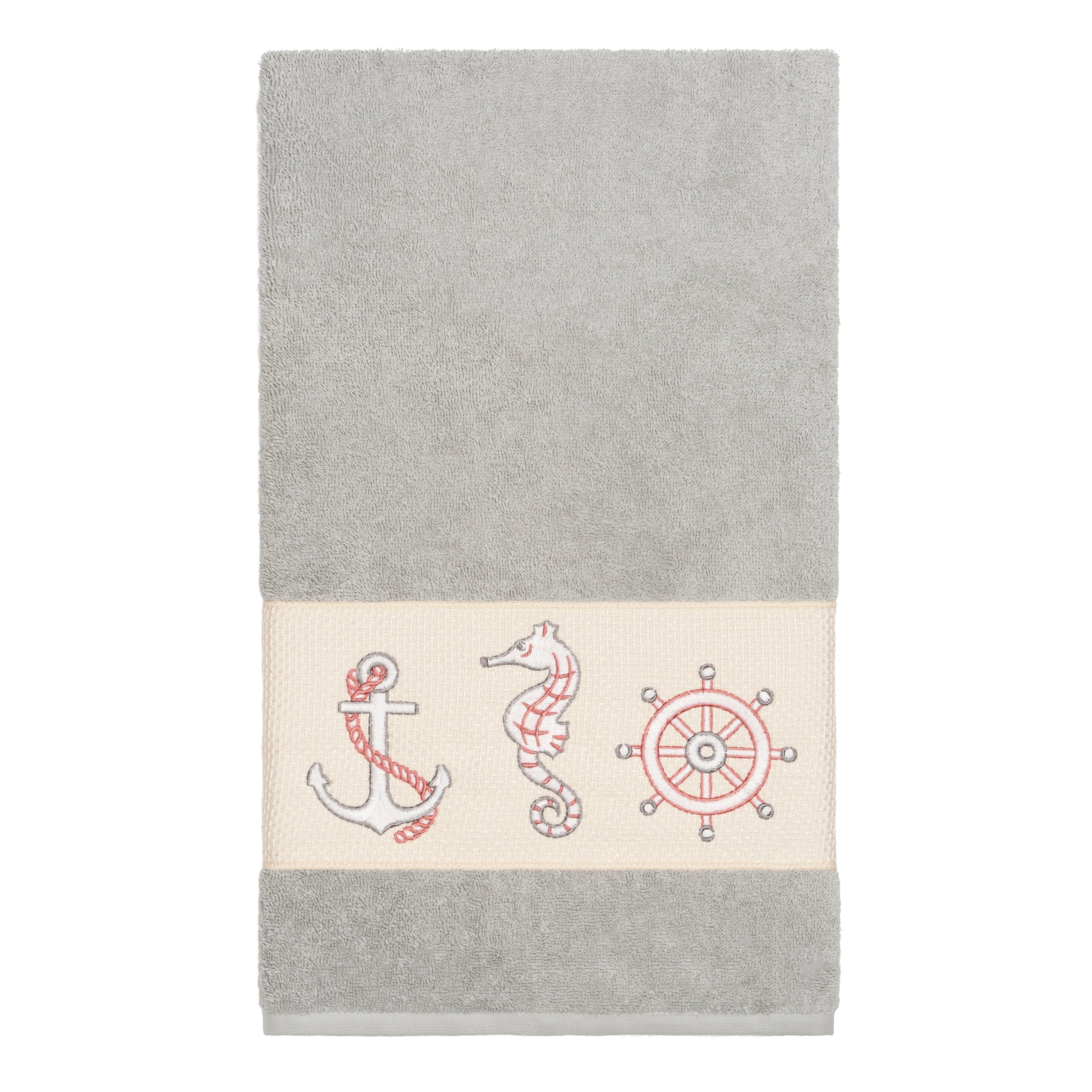 Authentic Hotel And Spa Turkish Cotton Nautical Embroidered Light Grey Bath Towel