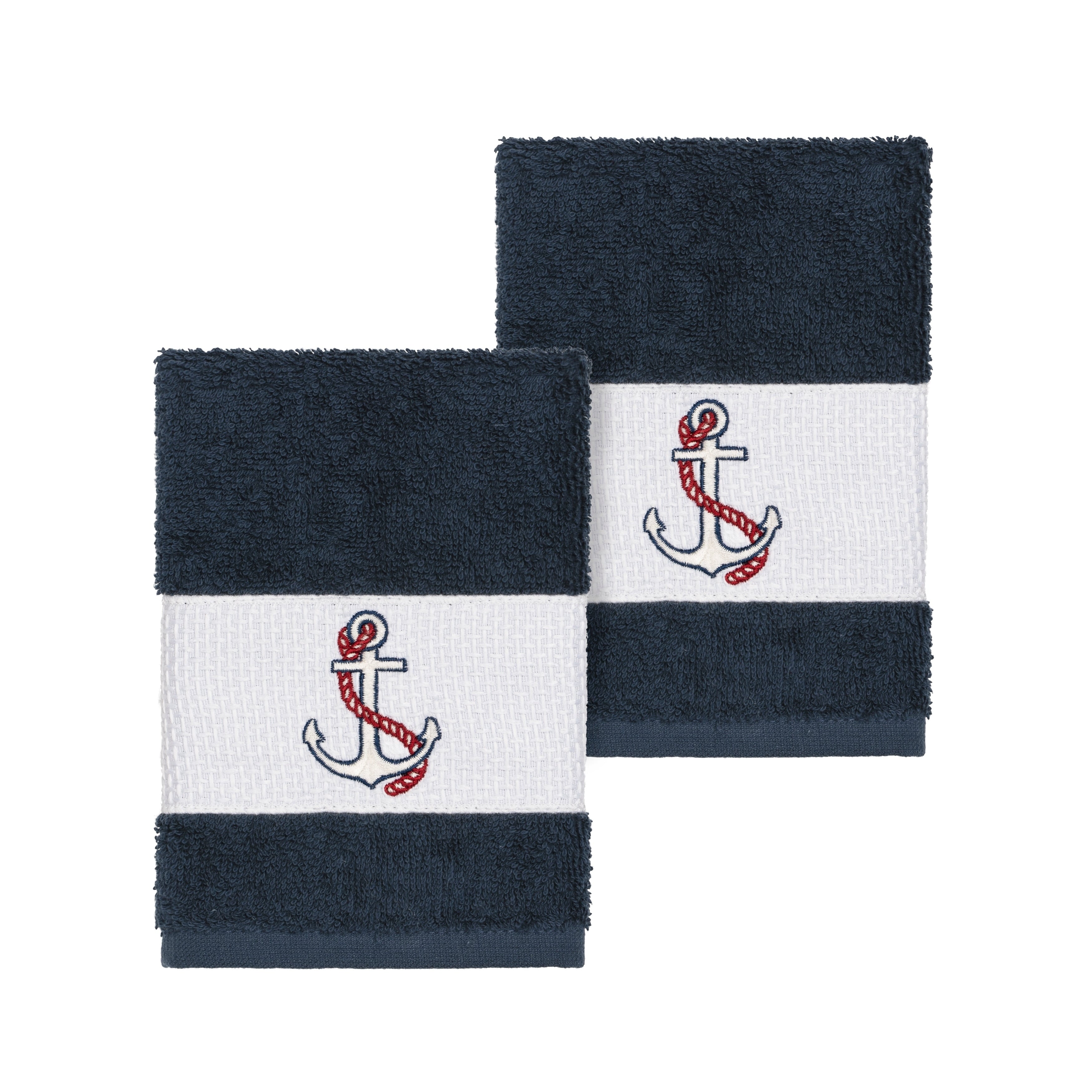 Authentic Hotel And Spa Turkish Cotton Nautical Embroidered Midnight Blue 2 Piece Washcloth Set