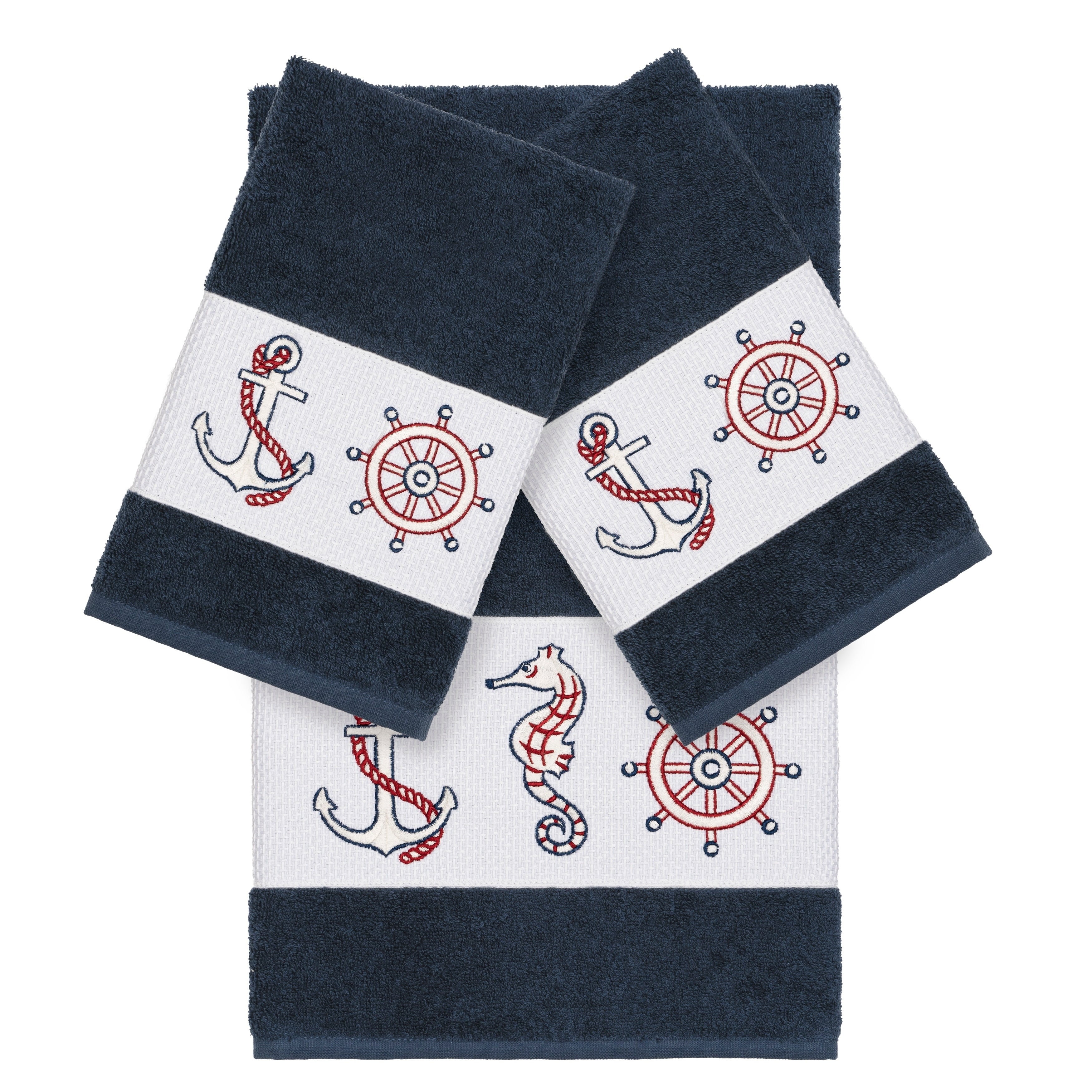 Authentic Hotel And Spa Turkish Cotton Nautical Embroidered Midnight Blue 3 Piece Towel Set