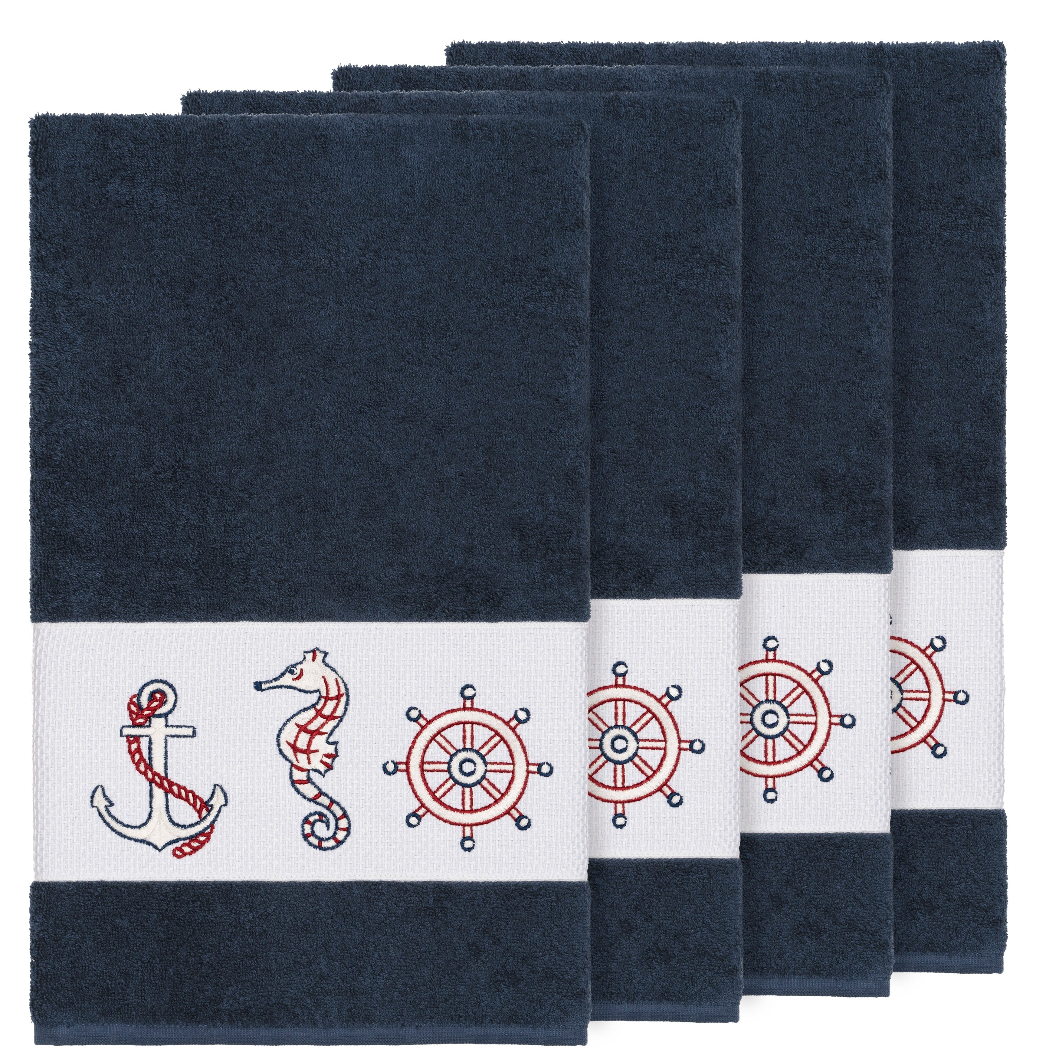 Authentic Hotel And Spa Turkish Cotton Nautical Embroidered Midnight Blue 4 Piece Bath Towel Set
