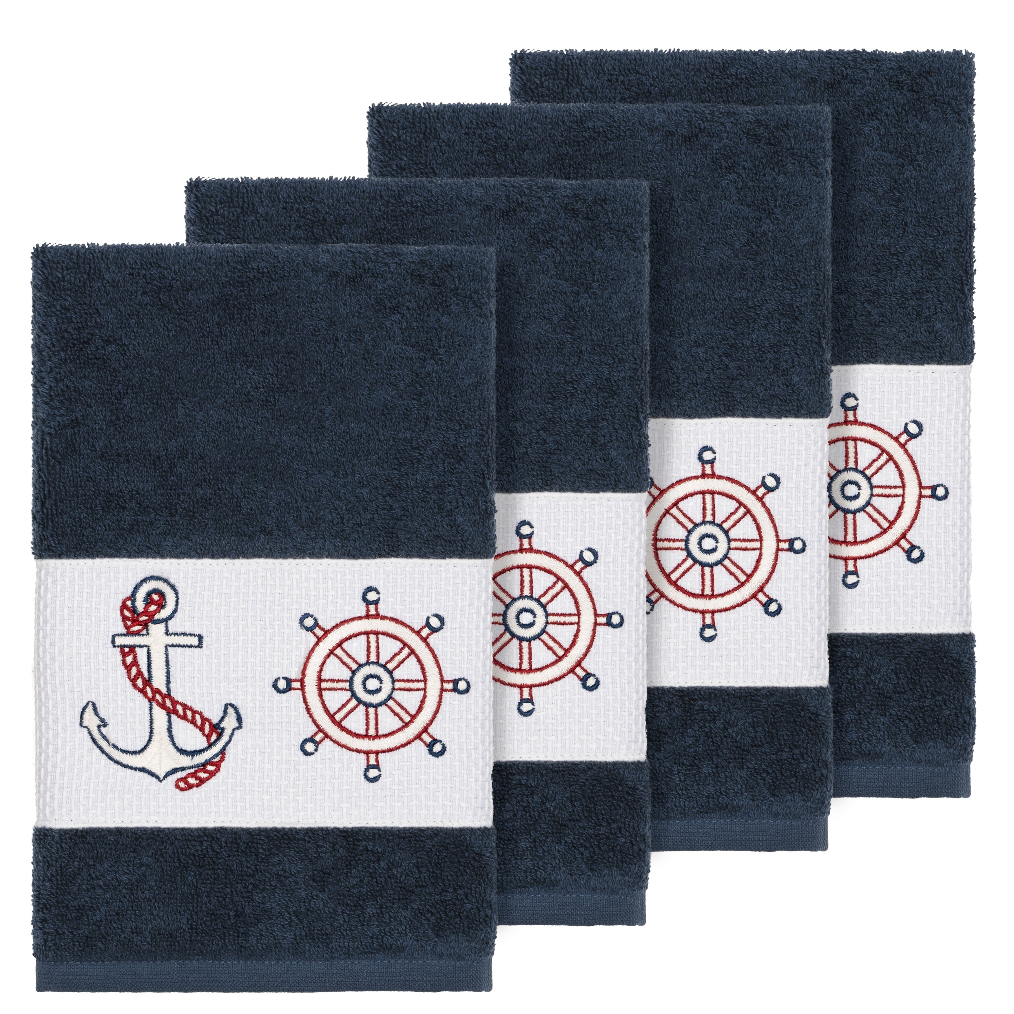 Authentic Hotel And Spa Turkish Cotton Nautical Embroidered Midnight Blue 4 Piece Hand Towel Set