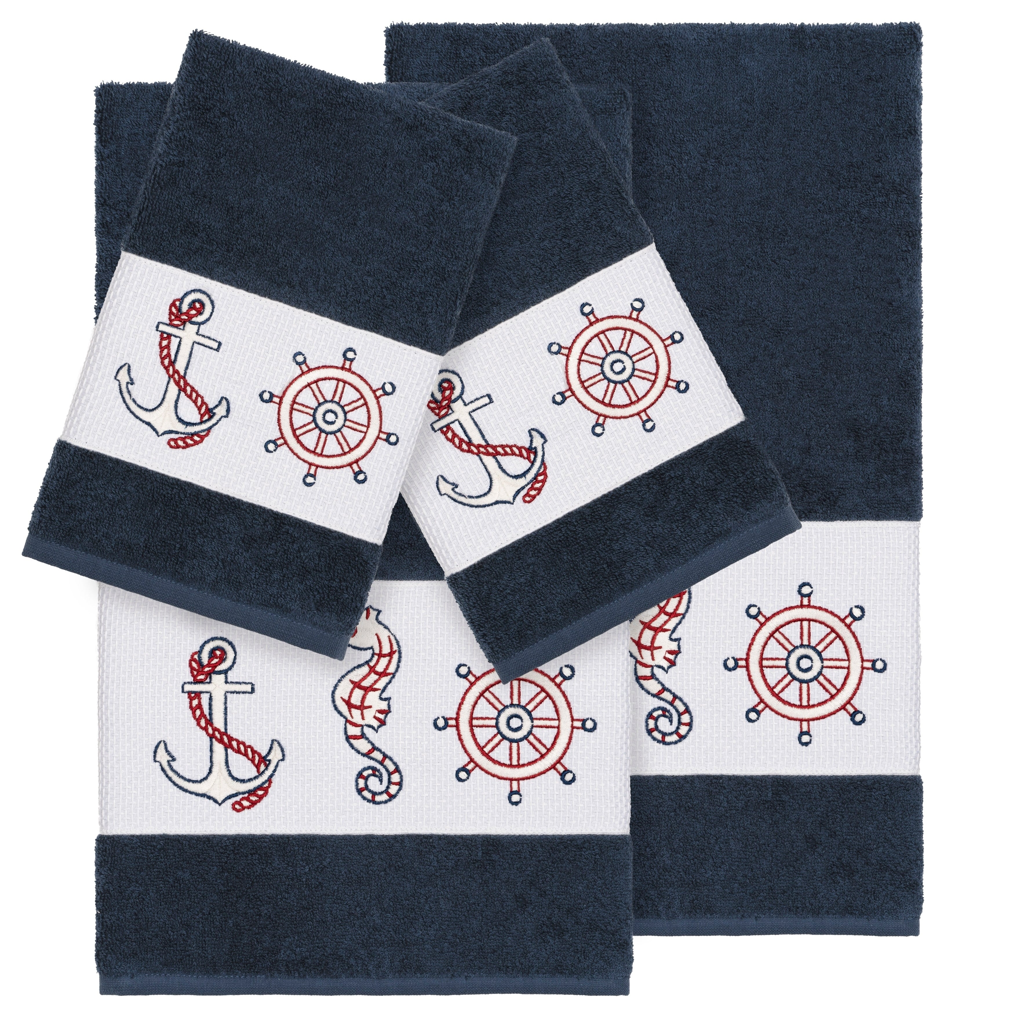 Authentic Hotel And Spa Turkish Cotton Nautical Embroidered Midnight Blue 4 Piece Towel Set