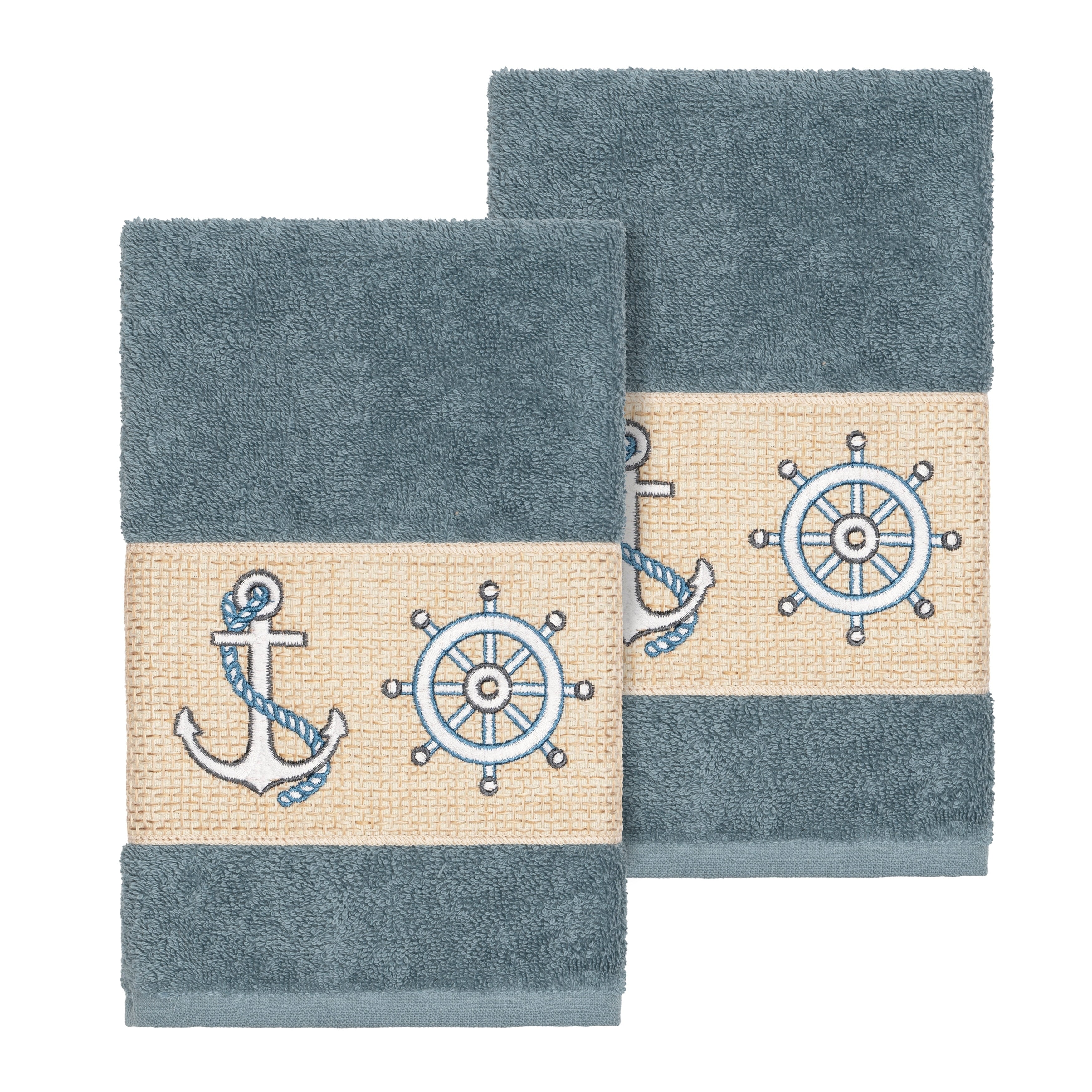 Authentic Hotel And Spa Turkish Cotton Nautical Embroidered Teal Blue 2 Piece Towel Hand Set