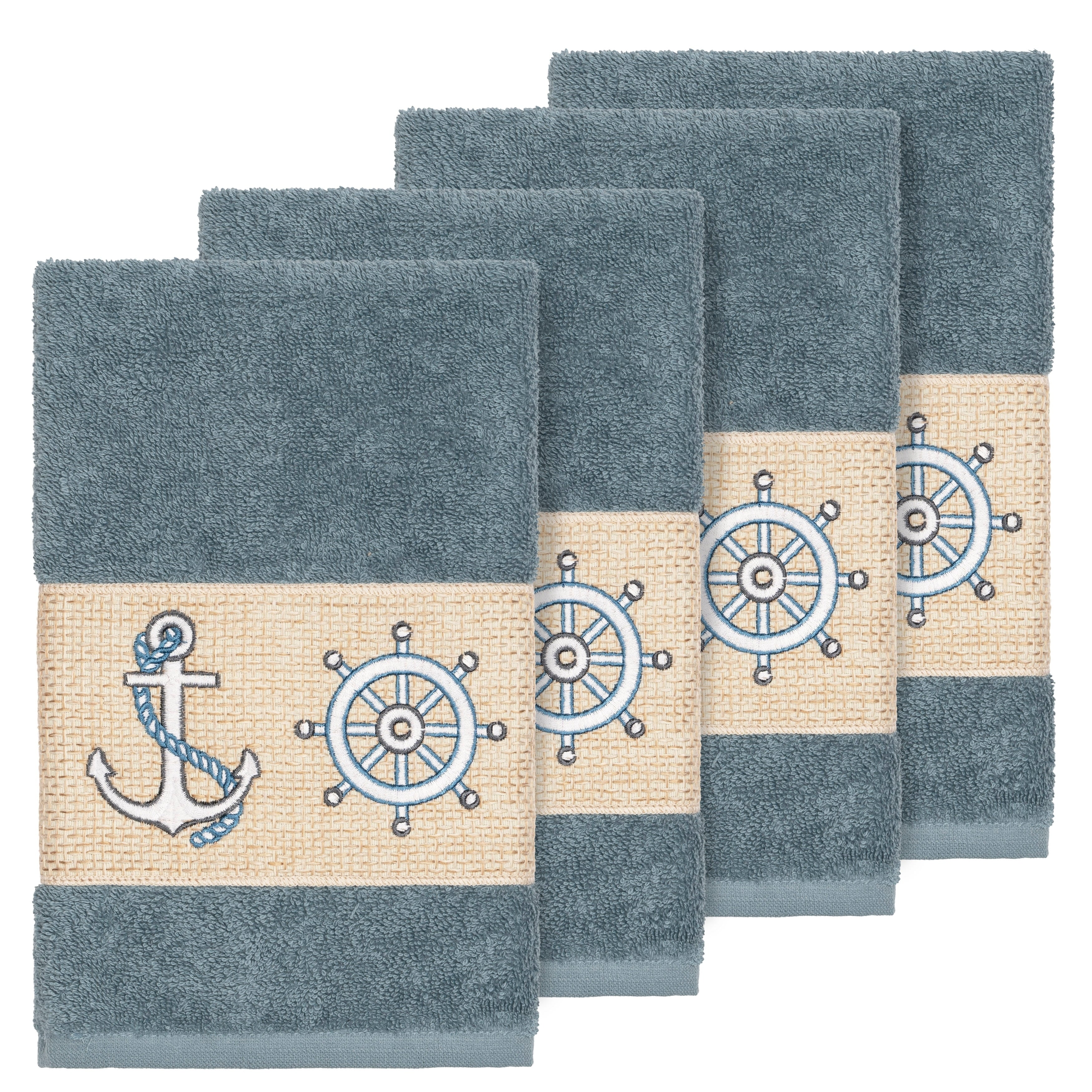 Authentic Hotel And Spa Turkish Cotton Nautical Embroidered Teal Blue 4 Piece Hand Towel Set