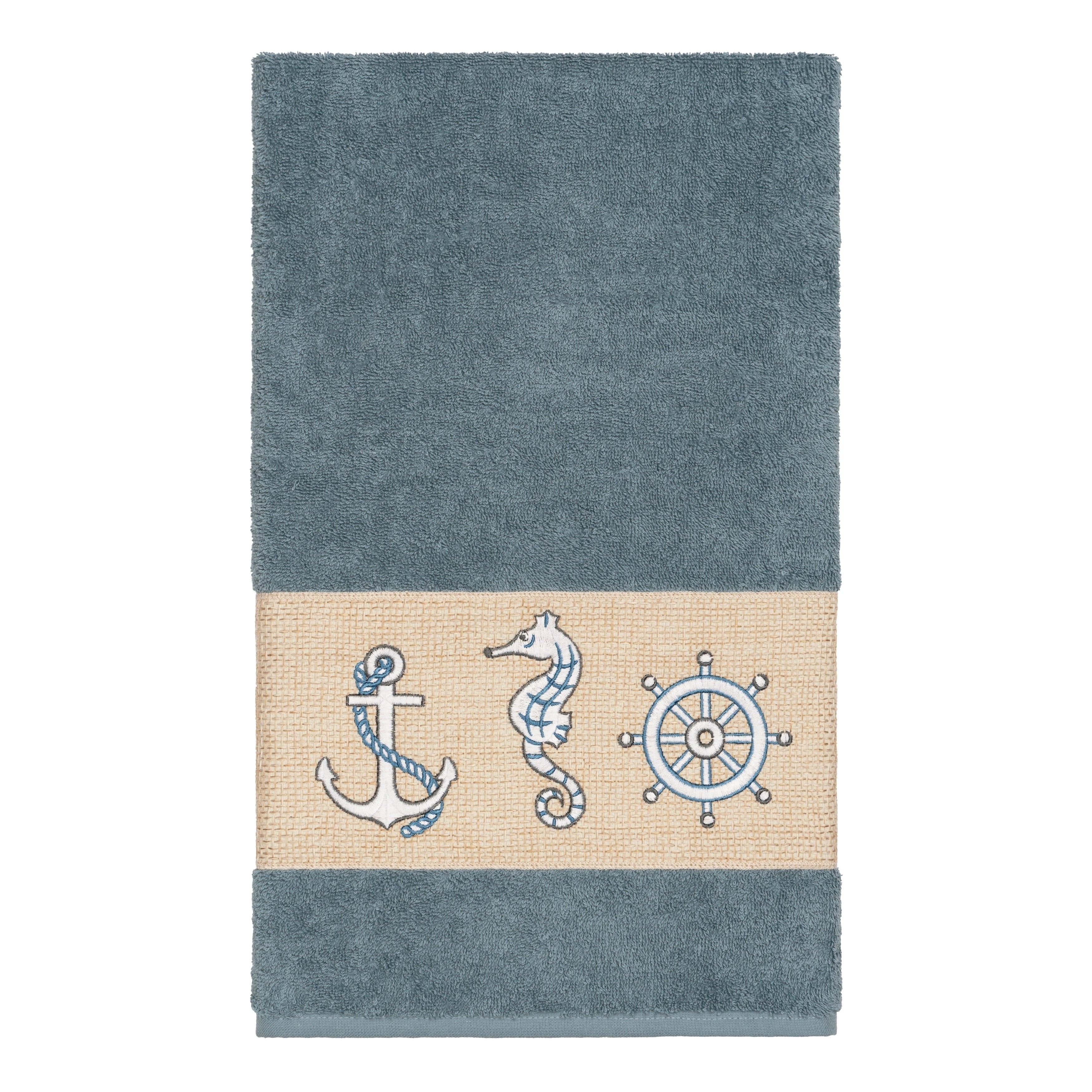 Authentic Hotel And Spa Turkish Cotton Nautical Embroidered Teal Blue Bath Towel