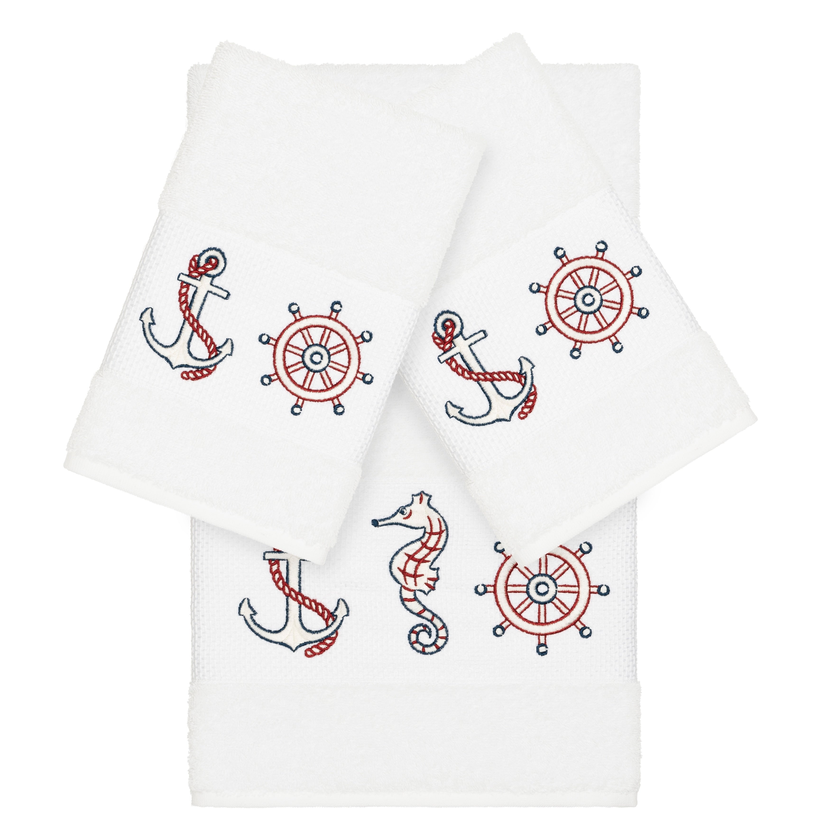 Authentic Hotel And Spa Turkish Cotton Nautical Embroidered White 3 Piece Towel Set