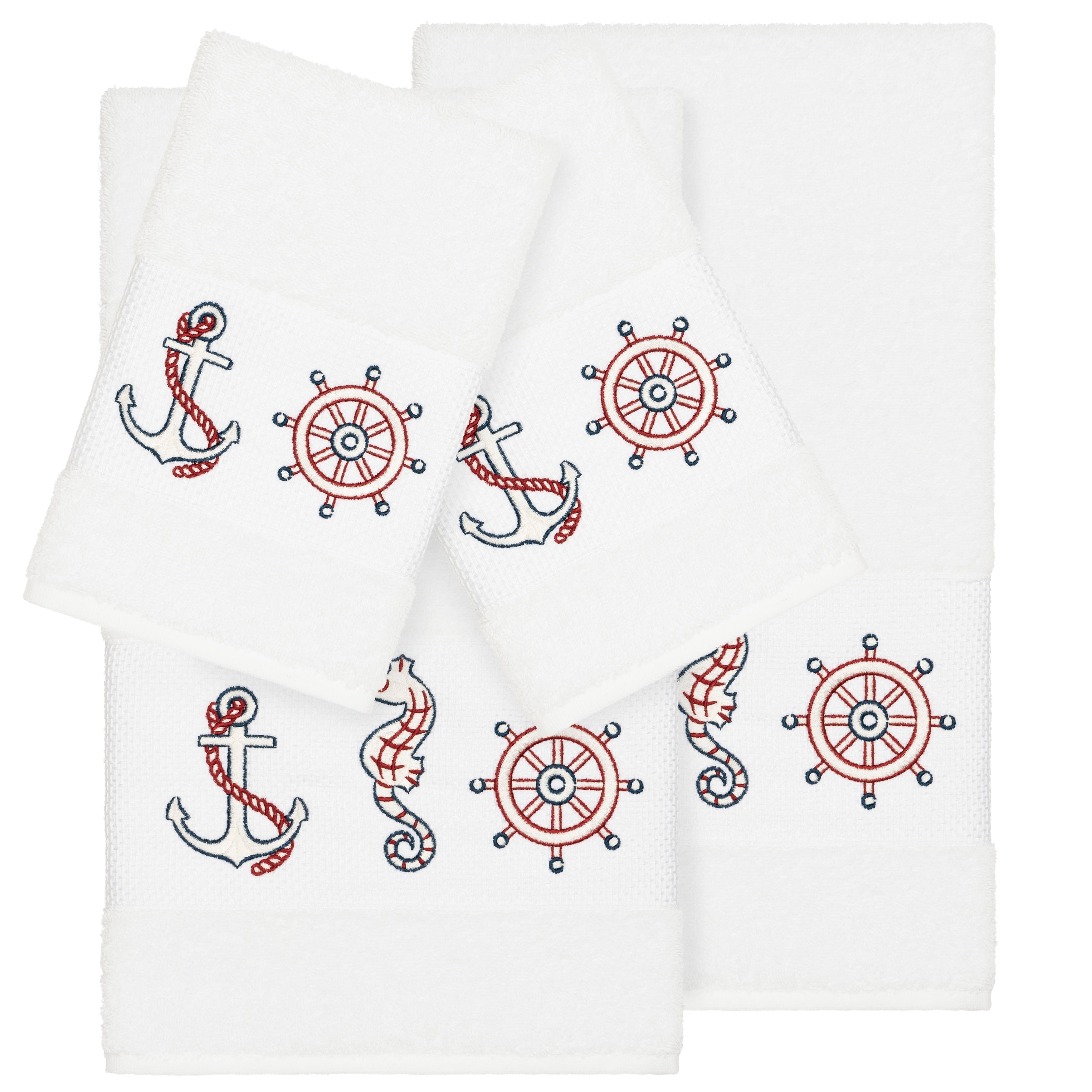 Authentic Hotel And Spa Turkish Cotton Nautical Embroidered White 4 Piece Towel Set