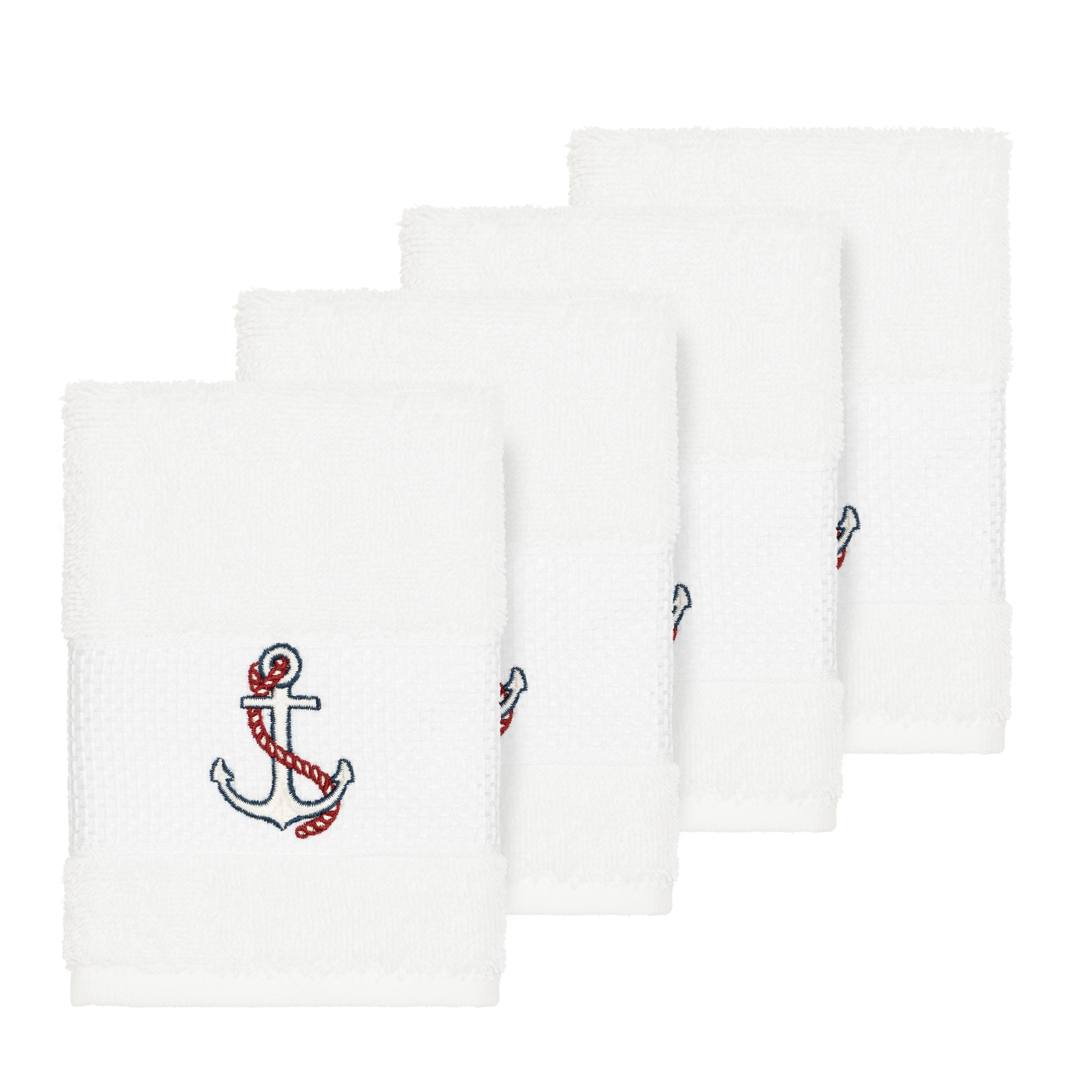 Authentic Hotel And Spa Turkish Cotton Nautical Embroidered White 4 Piece Washcloth Set