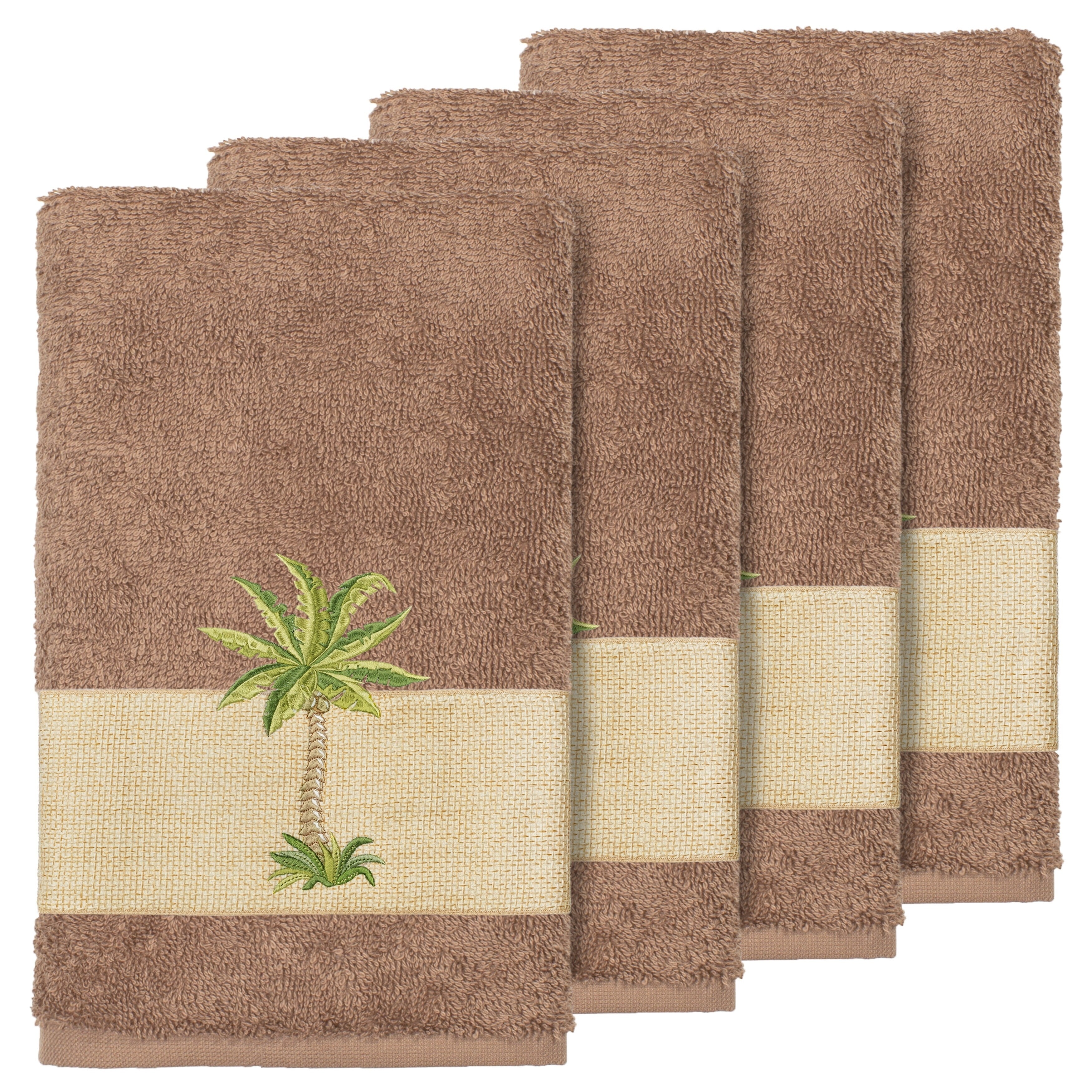 Authentic Hotel And Spa Turkish Cotton Palm Tree Embroidered Brown Hand Towels Set Of 4