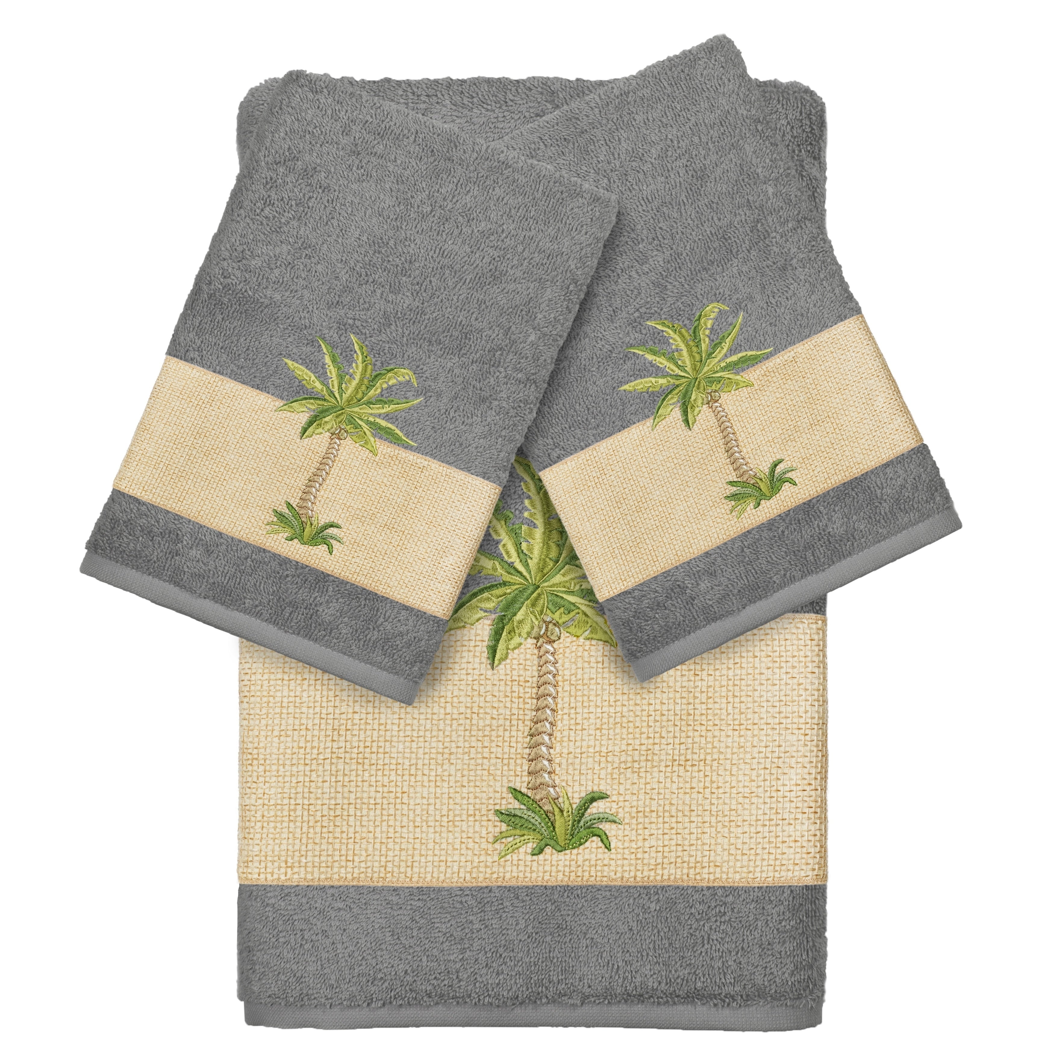 Authentic Hotel And Spa Turkish Cotton Palm Tree Embroidered Charcoal Grey 3 Piece Towel Set