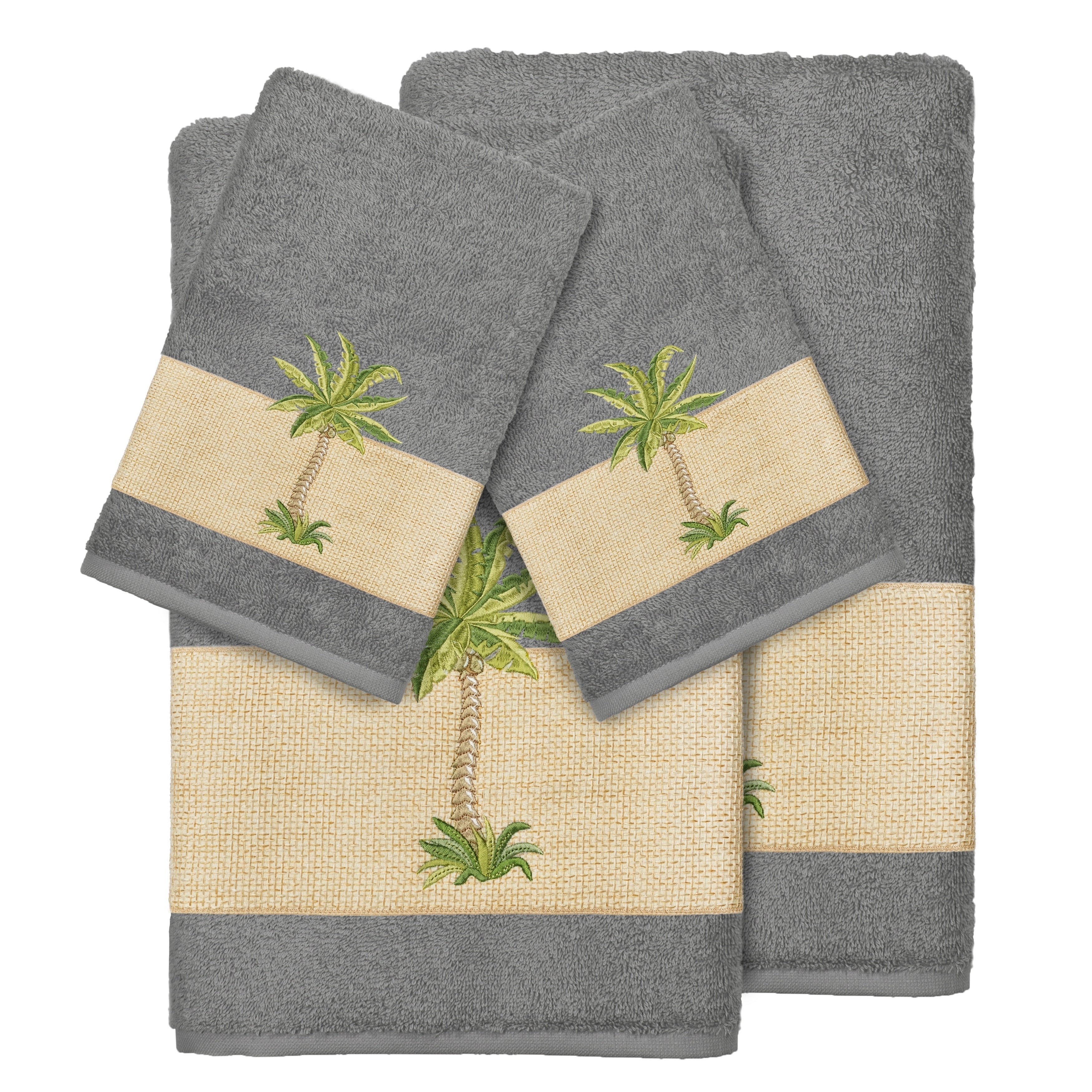 Authentic Hotel And Spa Turkish Cotton Palm Tree Embroidered Charcoal Grey 4 Piece Towel Set