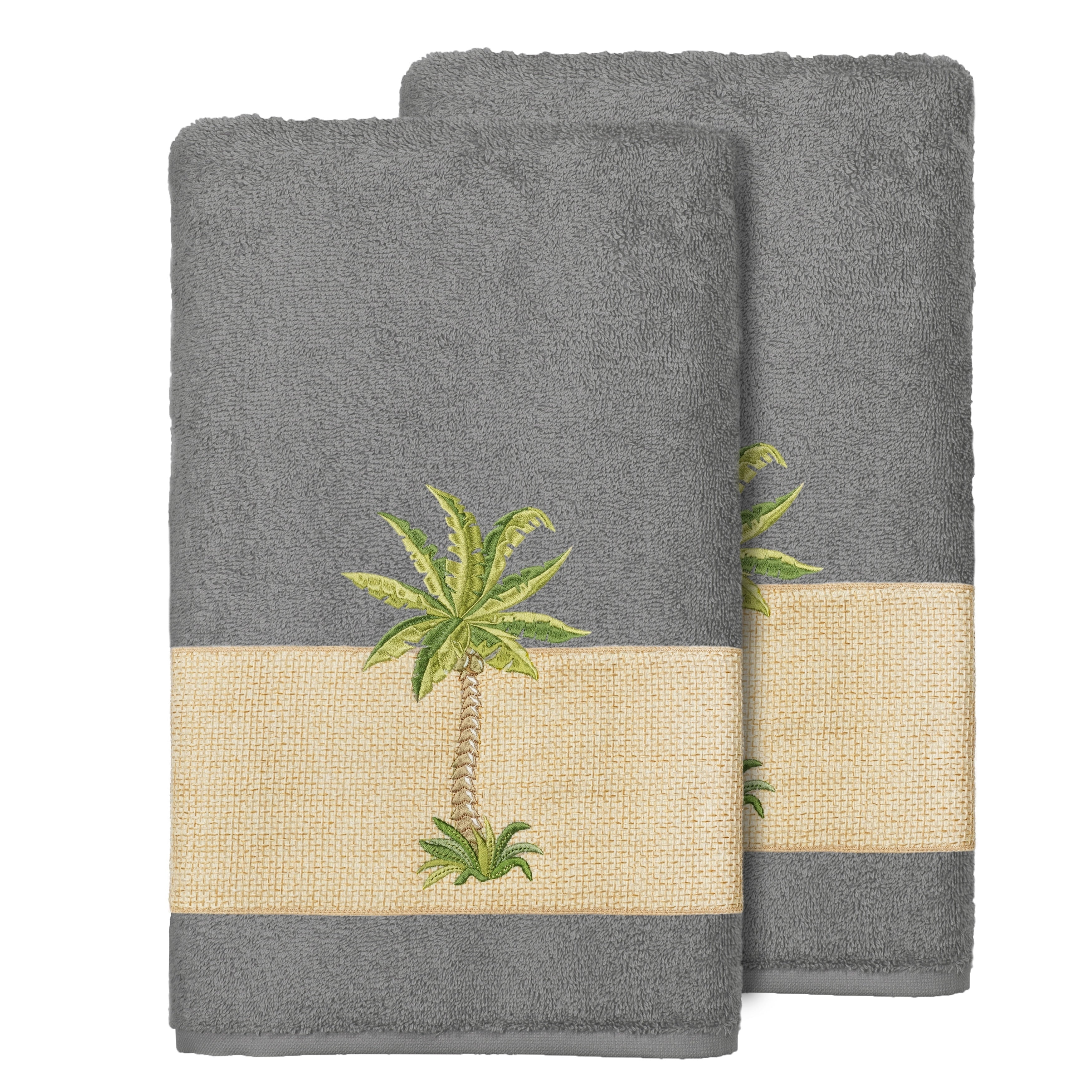 Authentic Hotel And Spa Turkish Cotton Palm Tree Embroidered Charcoal Grey Bath Towels Set Of 2