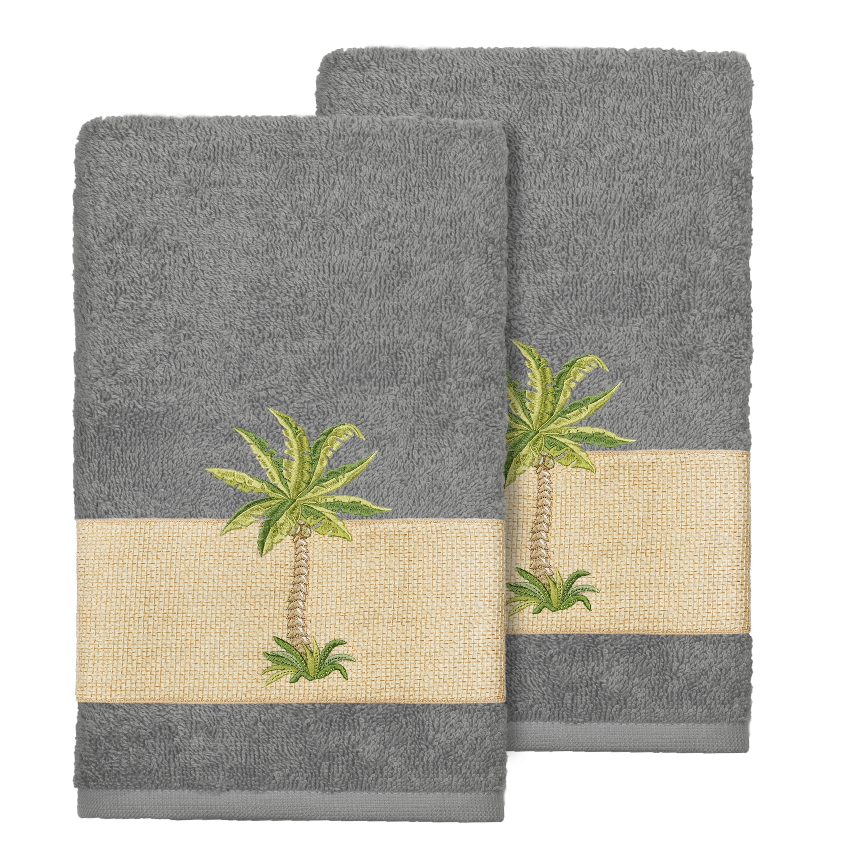Authentic Hotel And Spa Turkish Cotton Palm Tree Embroidered Charcoal Grey Hand Towels Set Of 2