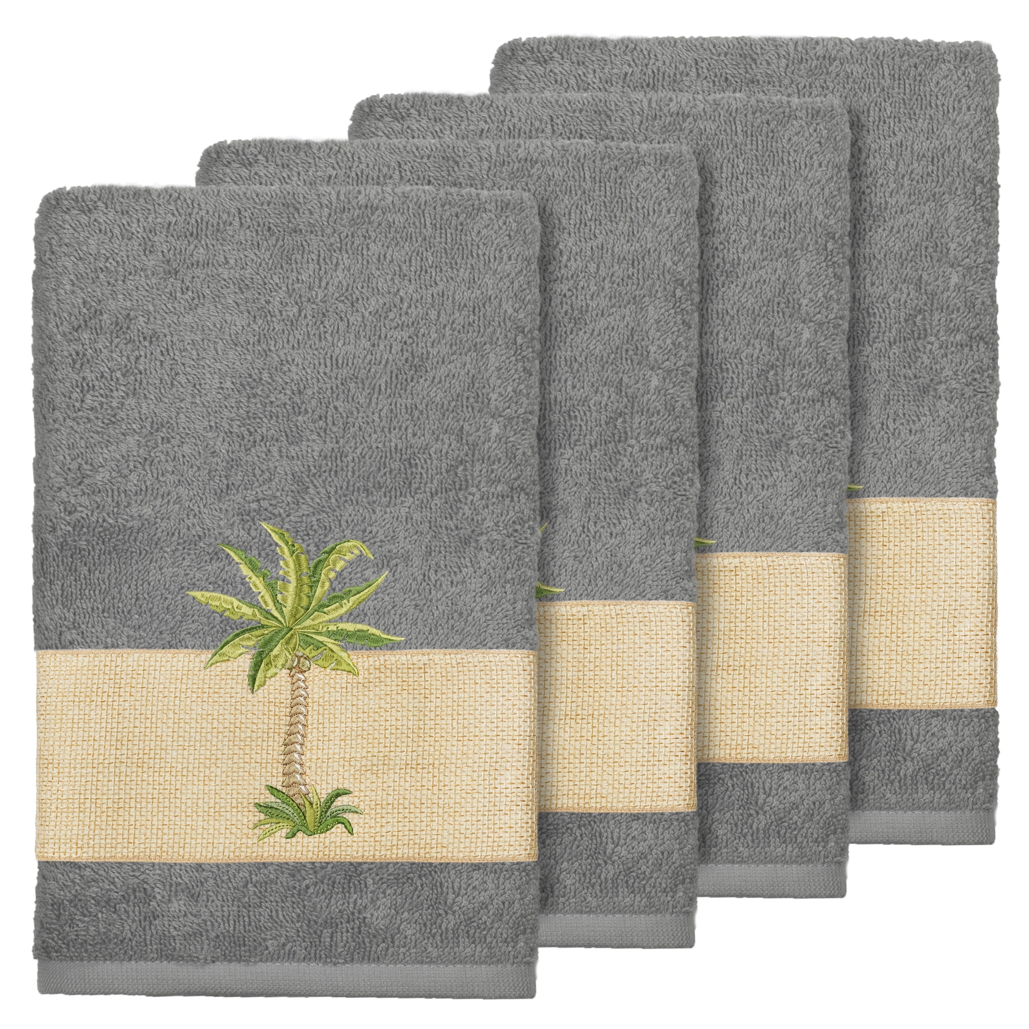 Authentic Hotel And Spa Turkish Cotton Palm Tree Embroidered Charcoal Grey Hand Towels Set Of 4