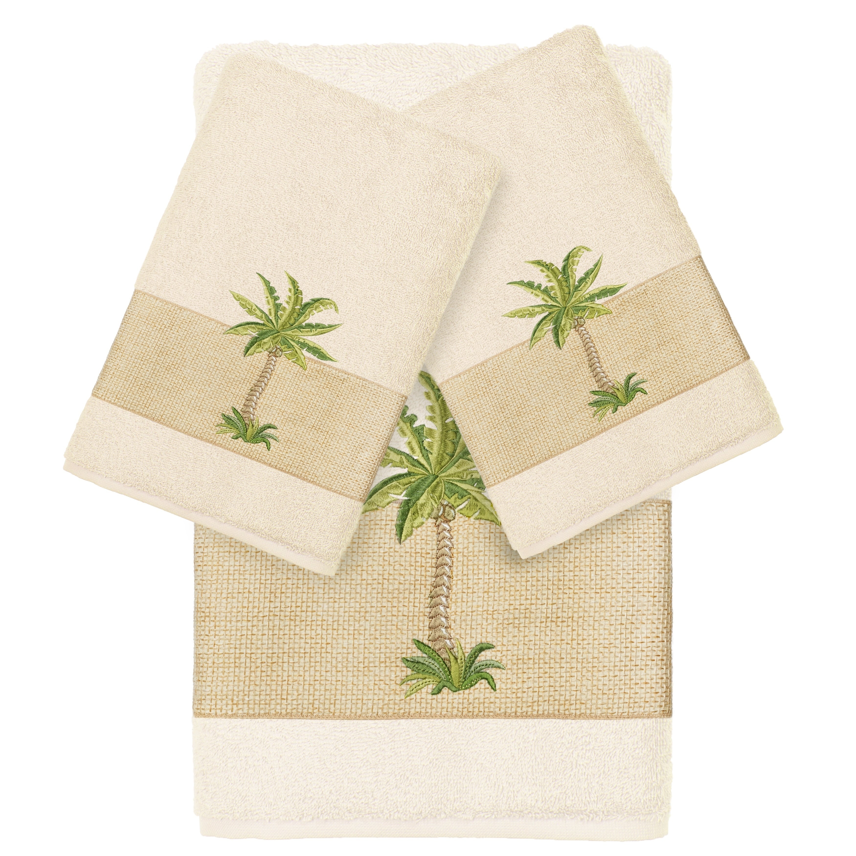 Authentic Hotel And Spa Turkish Cotton Palm Tree Embroidered Cream 3 Piece Towel Set