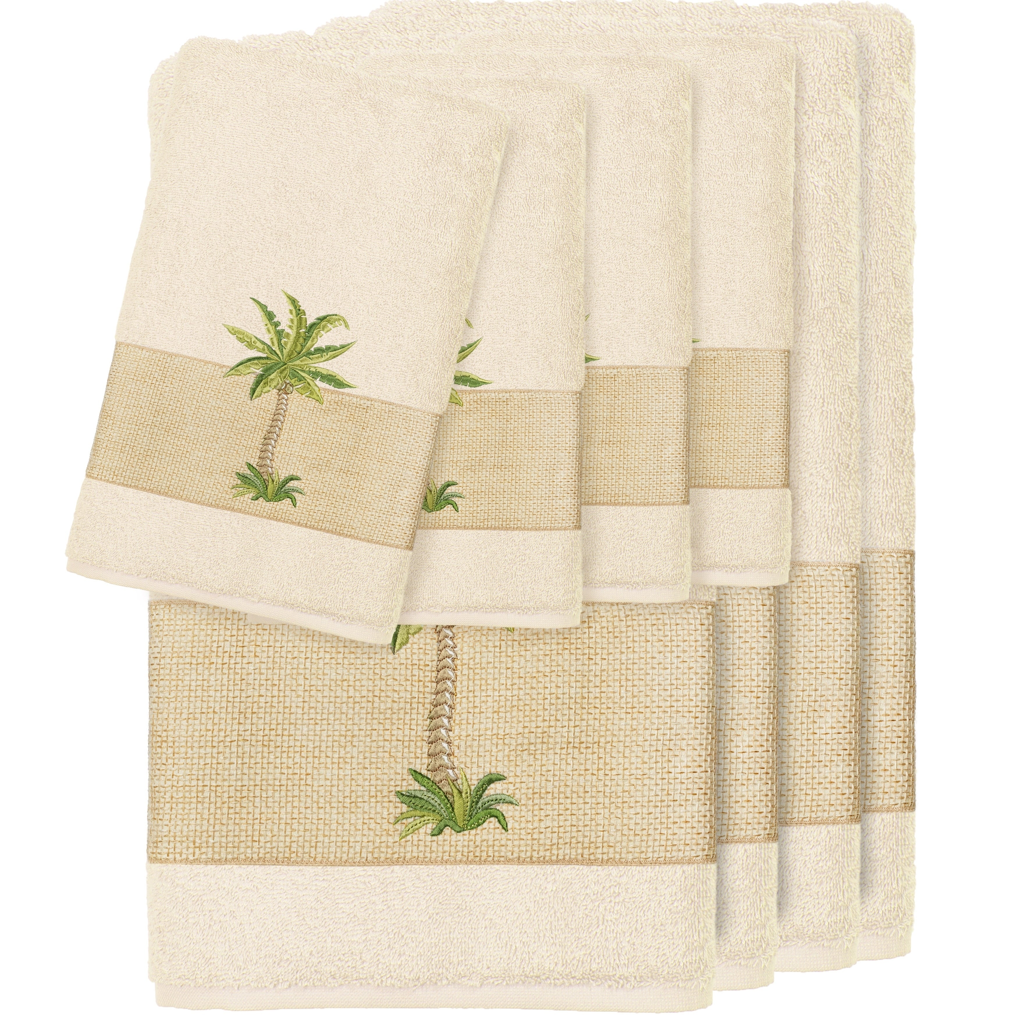 Authentic Hotel And Spa Turkish Cotton Palm Tree Embroidered Cream 8 Piece Towel Set