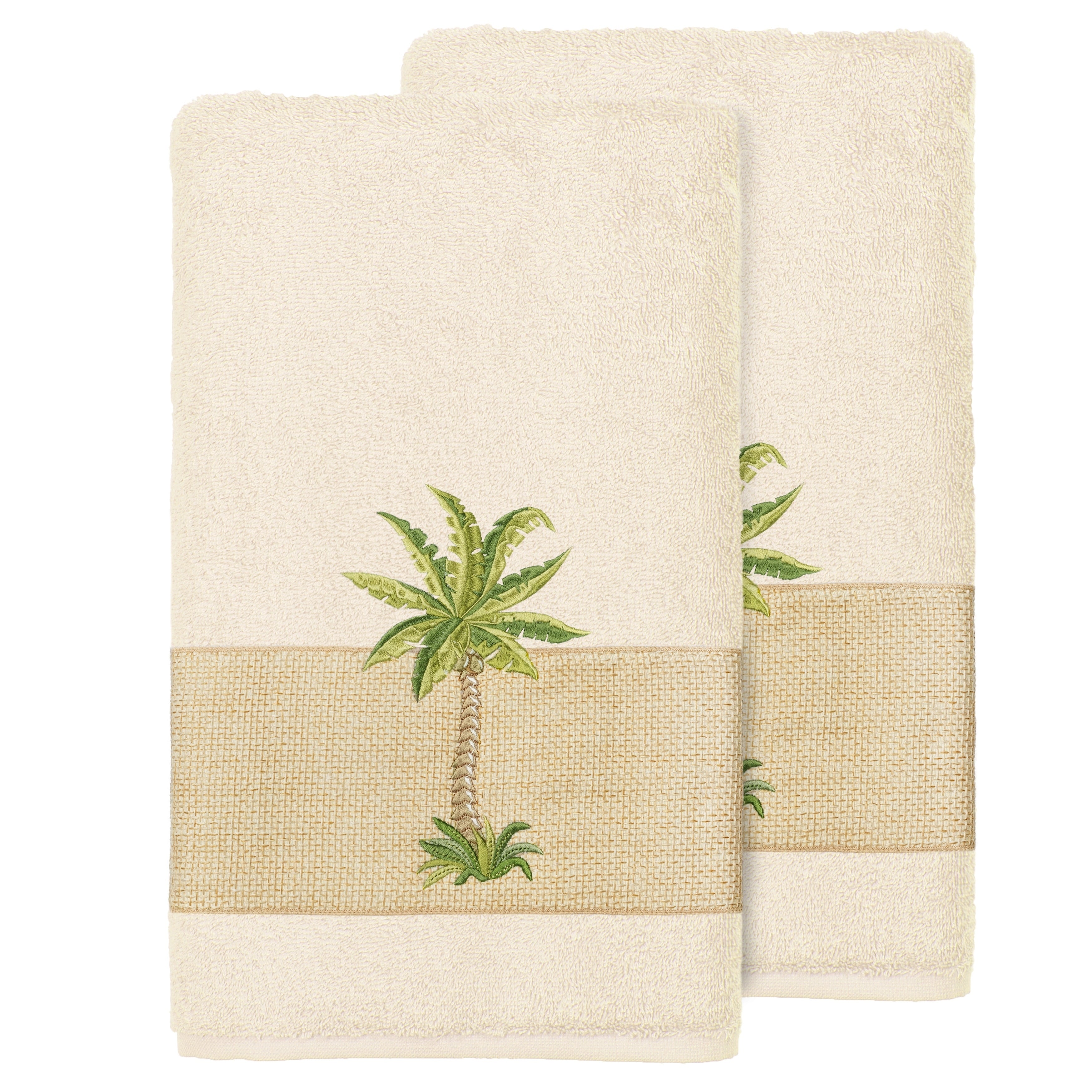 Authentic Hotel And Spa Turkish Cotton Palm Tree Embroidered Cream Bath Towels Set Of 2