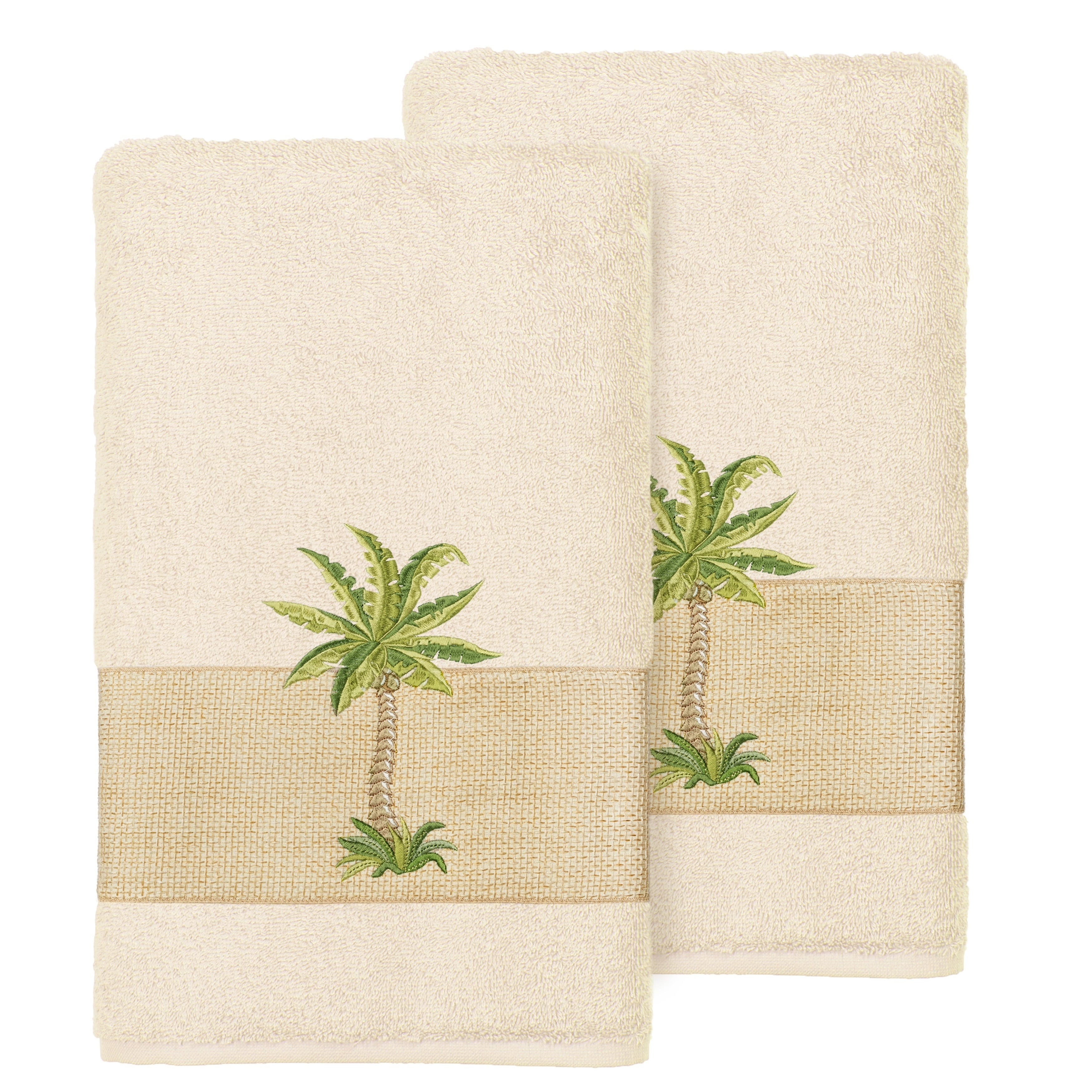 Authentic Hotel And Spa Turkish Cotton Palm Tree Embroidered Cream Hand Towels Set Of 2