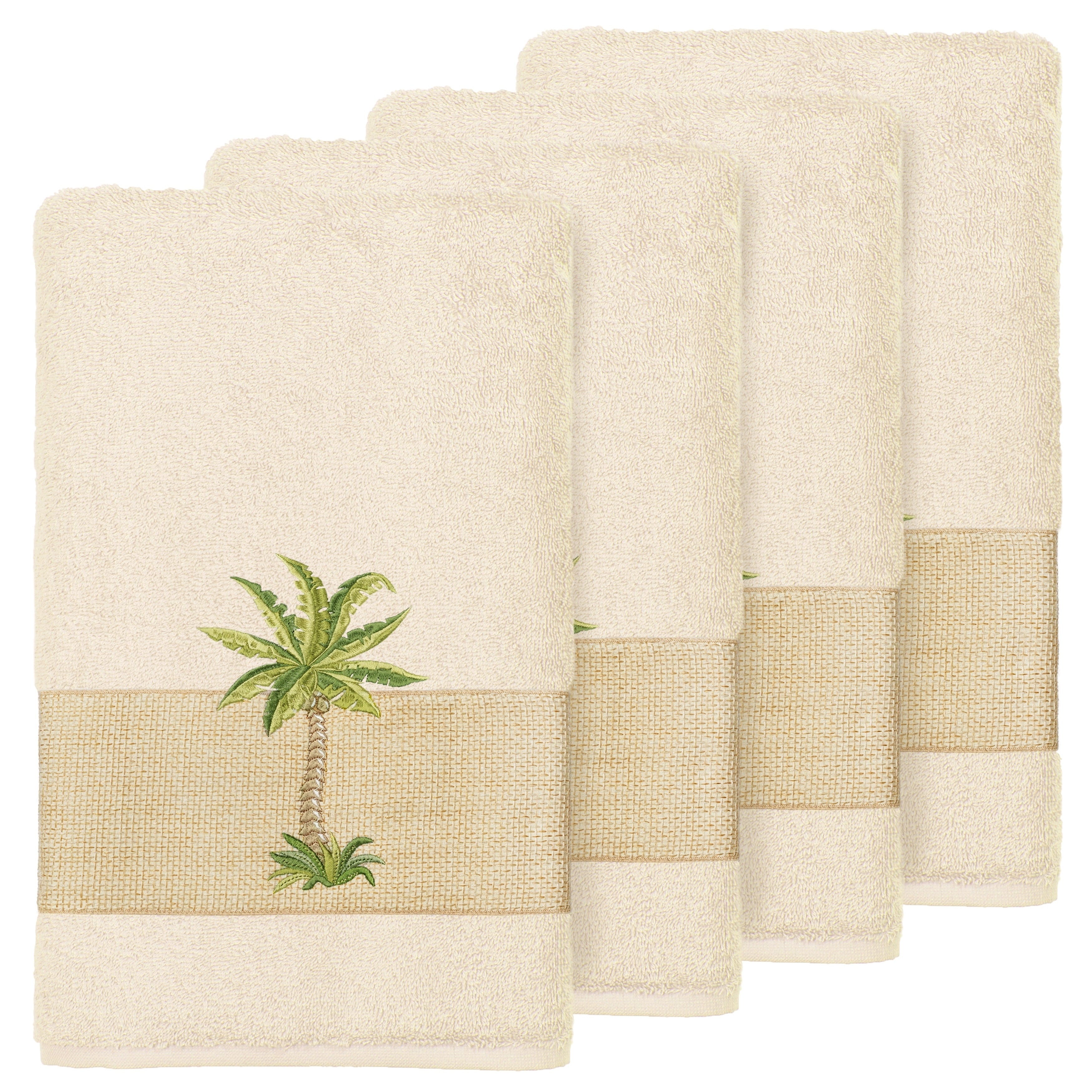 Authentic Hotel And Spa Turkish Cotton Palm Tree Embroidered Cream Hand Towels Set Of 4