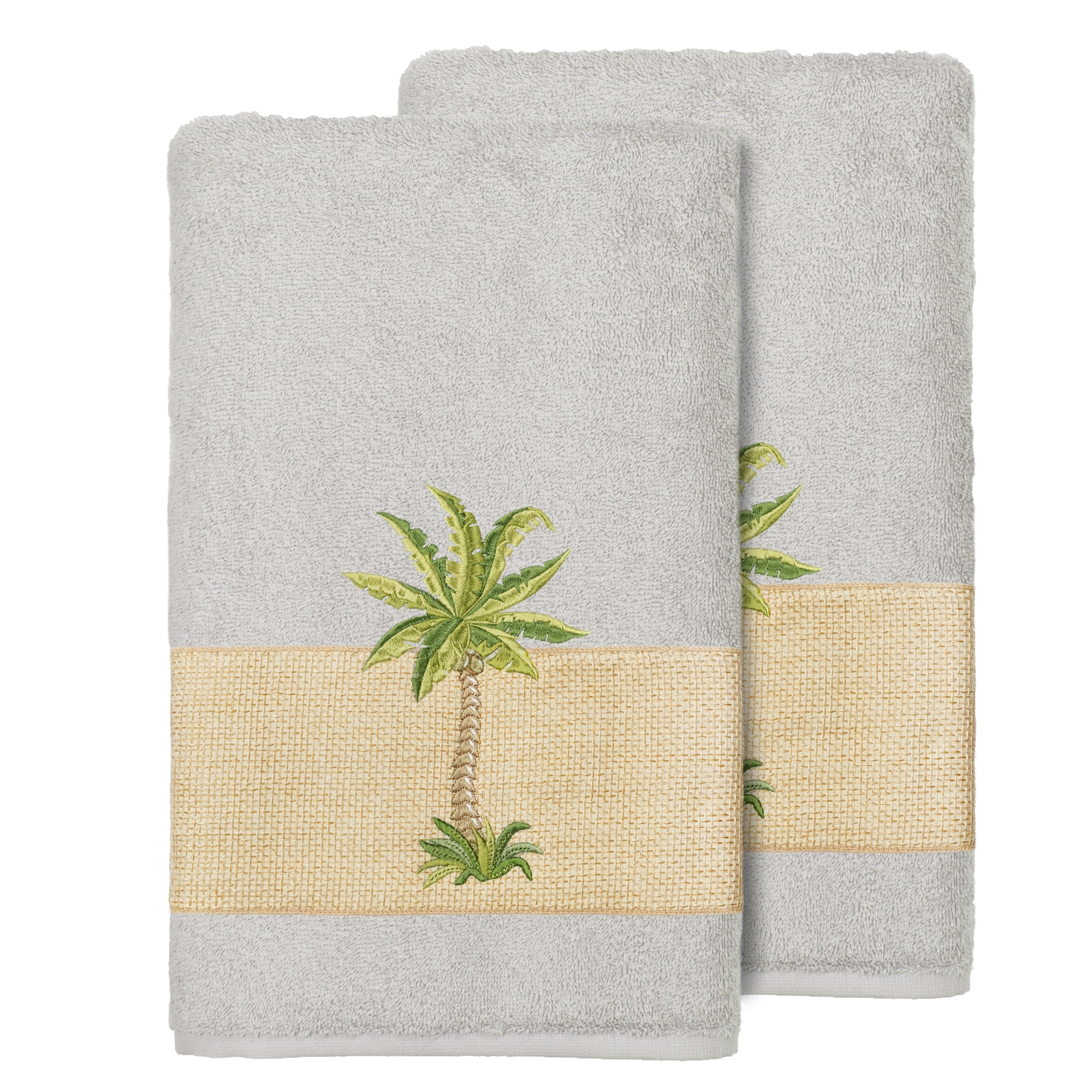 Authentic Hotel And Spa Turkish Cotton Palm Tree Embroidered Grey Bath Towels Set Of 2