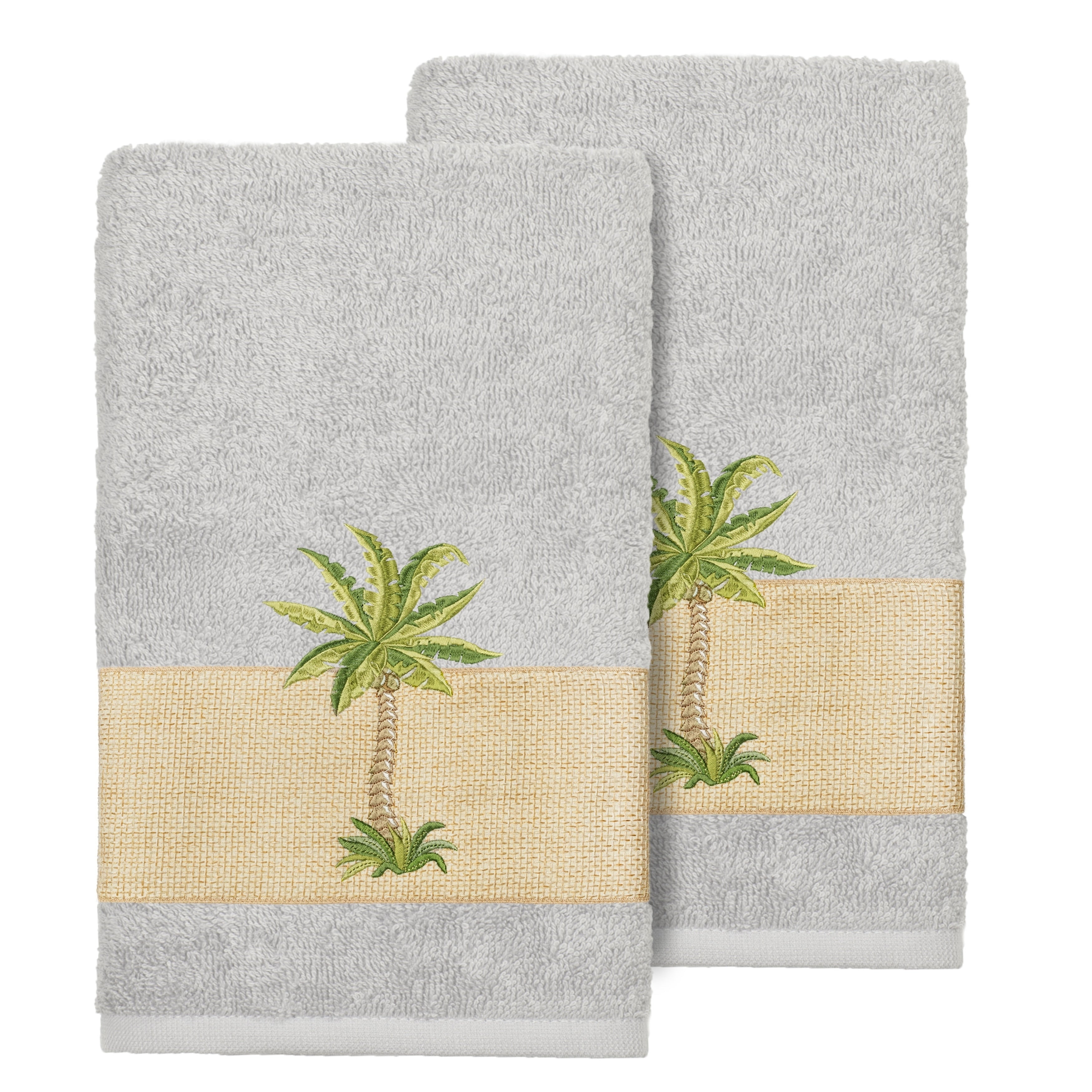 Authentic Hotel And Spa Turkish Cotton Palm Tree Embroidered Grey Hand Towels Set Of 2