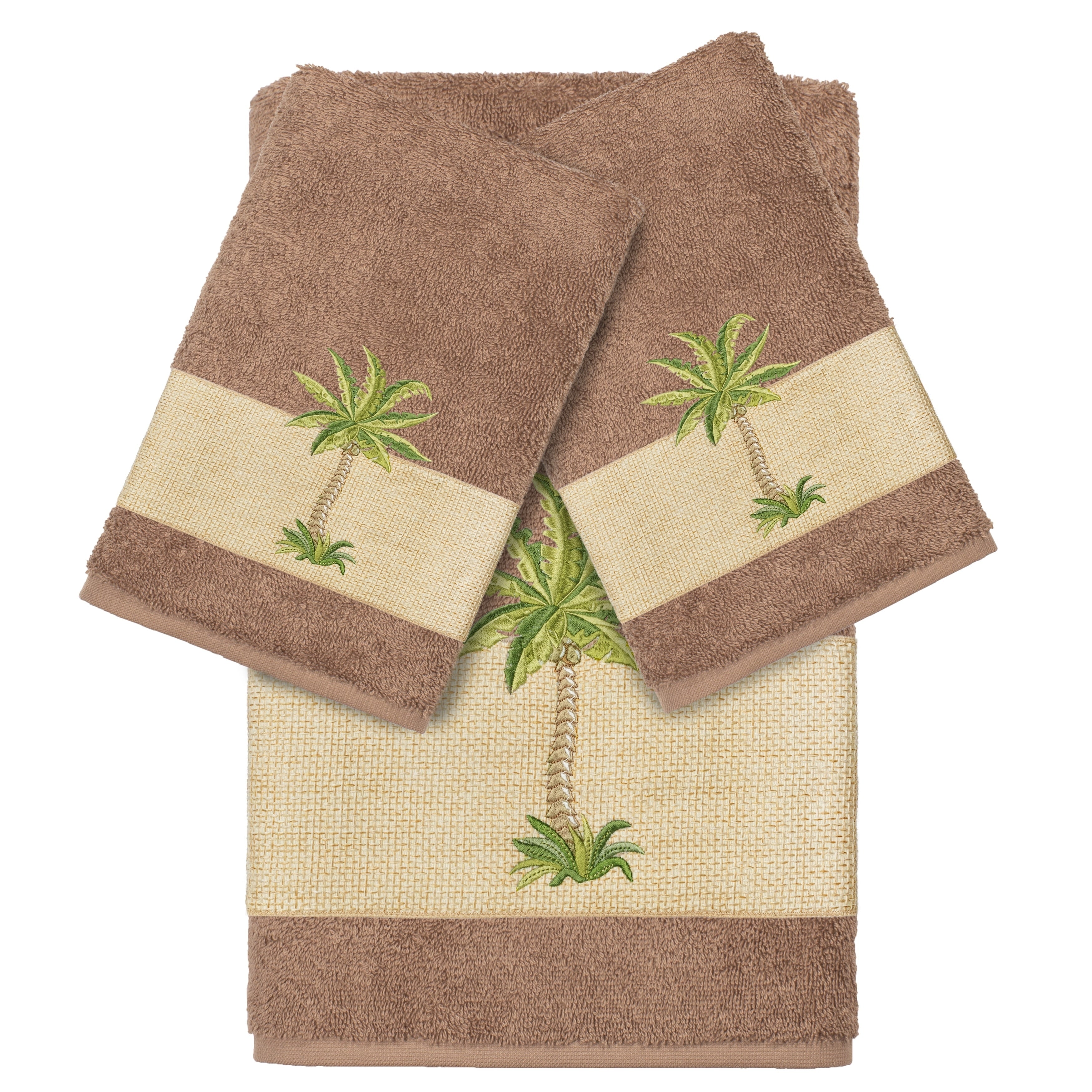Authentic Hotel And Spa Turkish Cotton Palm Tree Embroidered Latte Brown 3 Piece Towel Set
