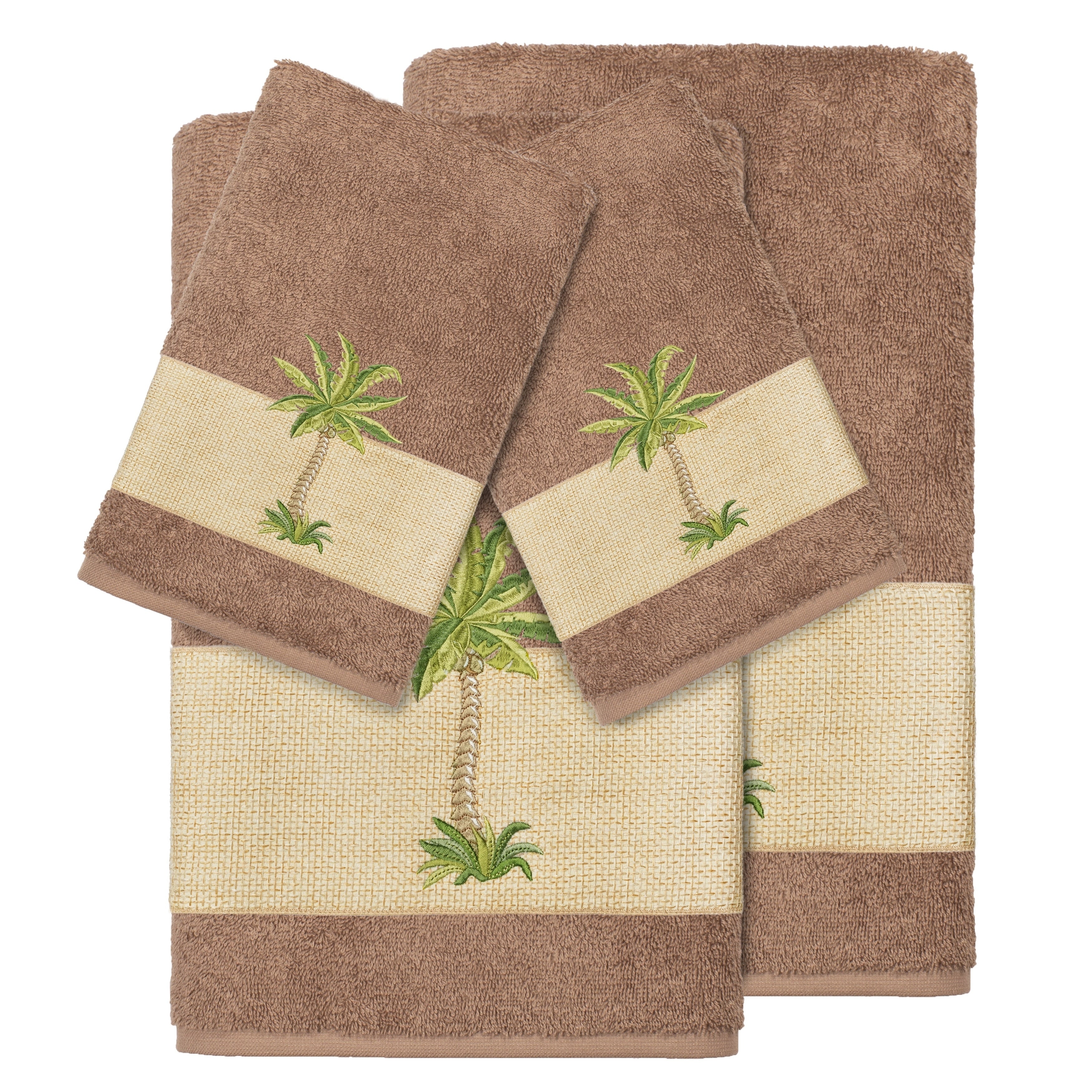 Authentic Hotel And Spa Turkish Cotton Palm Tree Embroidered Latte Brown 4 Piece Towel Set
