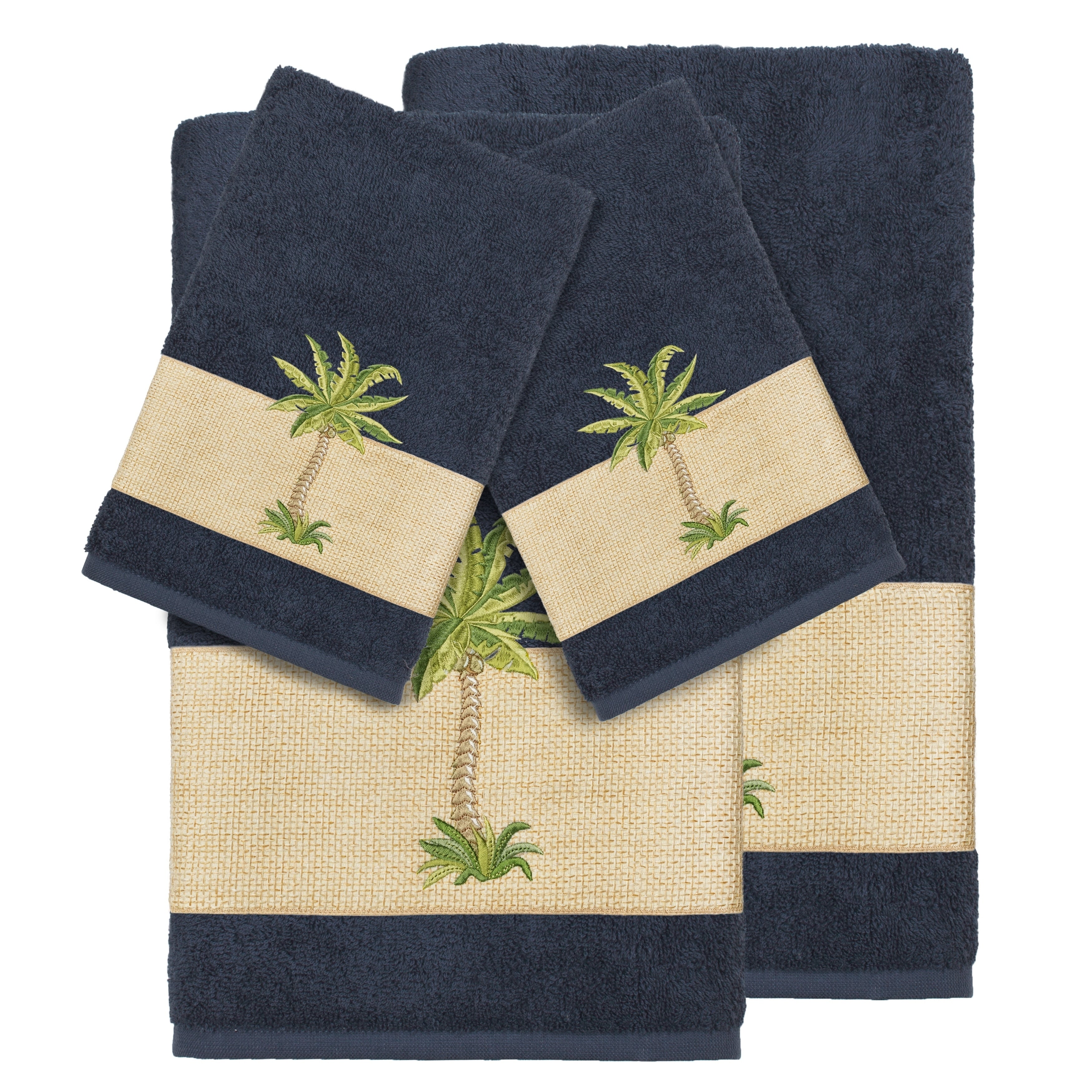 Authentic Hotel And Spa Turkish Cotton Palm Tree Embroidered Midnight Blue 4 Piece Towel Set